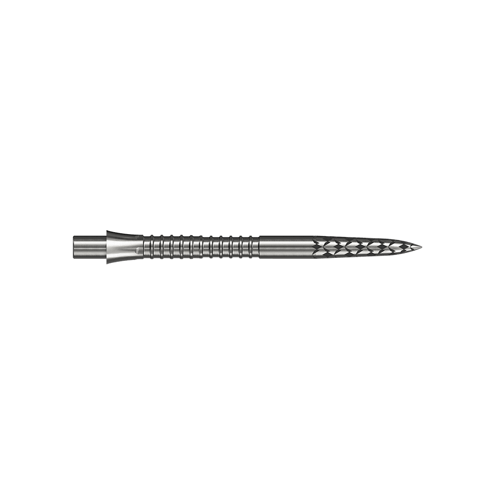 Eine silberfarbene Steeldartspitze mit einer Länge von 32 mm ist auf dem Bild zu sehen. Das Bild trägt den Dateinamen M002128_Missoin_Caliburn_EVO_GV-Logo_Steeldartspitzen_Silber_32mm_2.