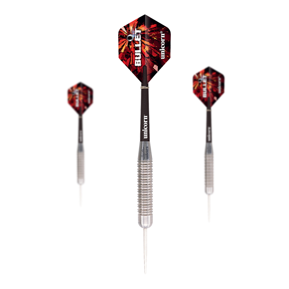 Dardos de acero Unicorn Bullet Gary Anderson - 22 g Das Bild zeigt drei Steeldarts des Modells "Unicorn Bullet Gary Anderson - 22g". Die Darts haben silberne Spitzen, geriffelte Griffe und rot-schwarze Flights mit der Aufschrift "BULLET".