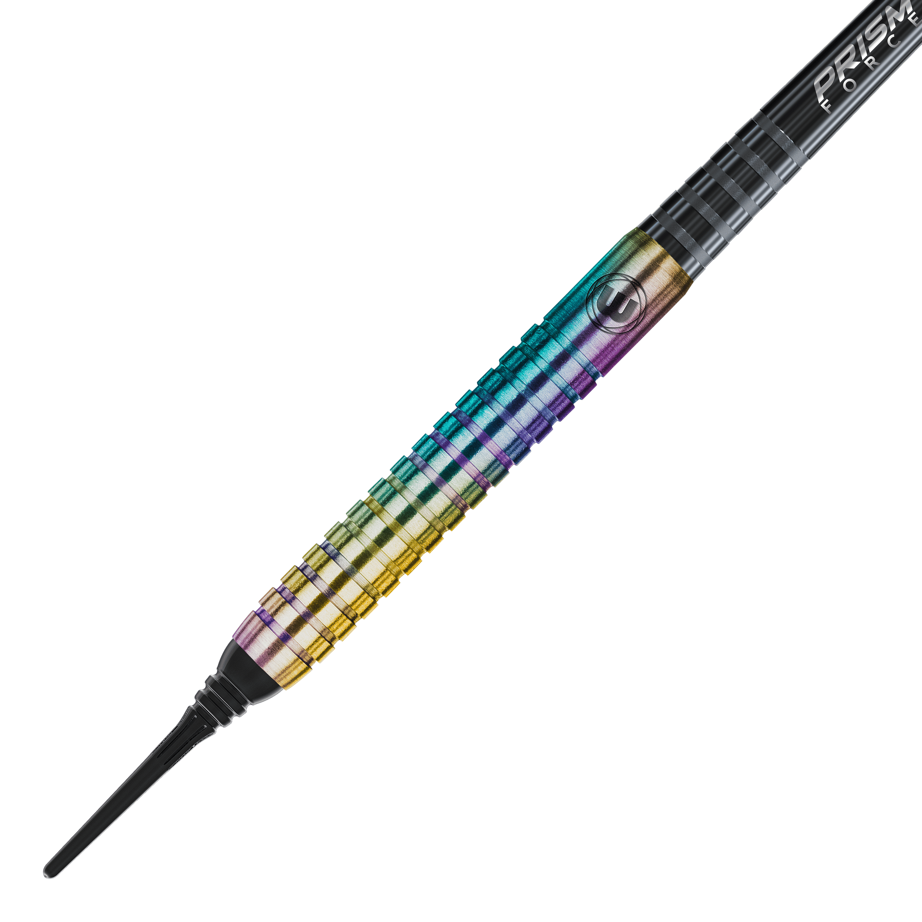 Dardos Winmau Foxfire Urban Soft - 20 g Das Bild zeigt einen Winmau Foxfire Urban Softdart mit einem Gewicht von 20 Gramm. Der Dart hat eine bunte, metallisch schimmernde Oberfläche mit feinen Rillen für besseren Halt.