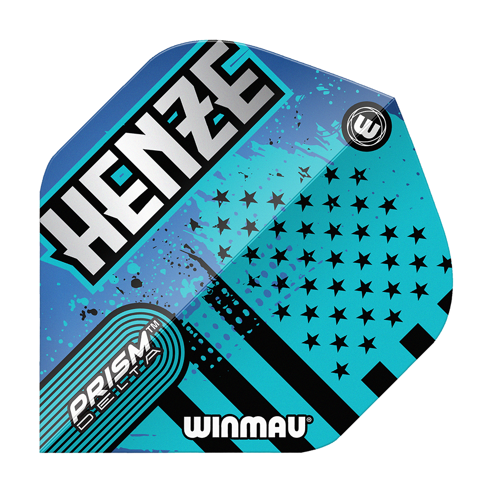Vuelos estándar Winmau Prism Delta Rick Henze Das Bild zeigt ein Winmau Prism Delta Rick Henze Standard Flight in blau-schwarzem Design. Auf dem Flight stehen die Wörter "HENZE", "PRISM DELTA" und "WINMAU".