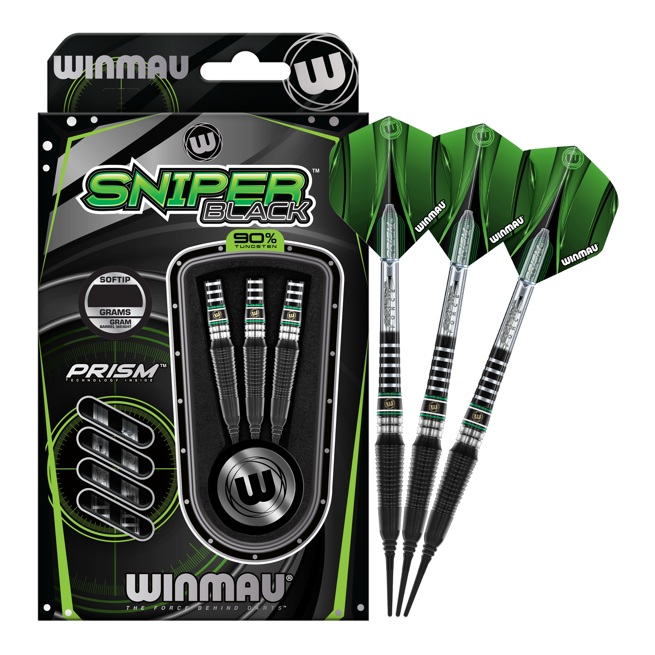 Dardos blandos Winmau Sniper Black 2025 - 20 g Das Bild zeigt die Winmau Sniper Black 2025 Softdarts mit einem Gewicht von 20g. Die Darts sind schwarz und grün gestaltet und werden in einer Verpackung mit drei Stück präsentiert.