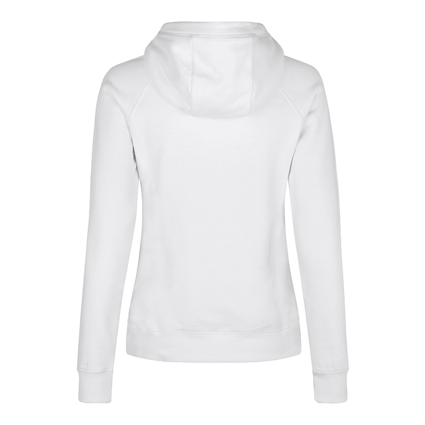 Sudadera con capucha Barrels and Shafts - Mujer - Blanco Dies ist ein weißer Damen-Hoodie, der von hinten zu sehen ist. Das schlichte Design zeigt lange Ärmel und eine Kapuze.