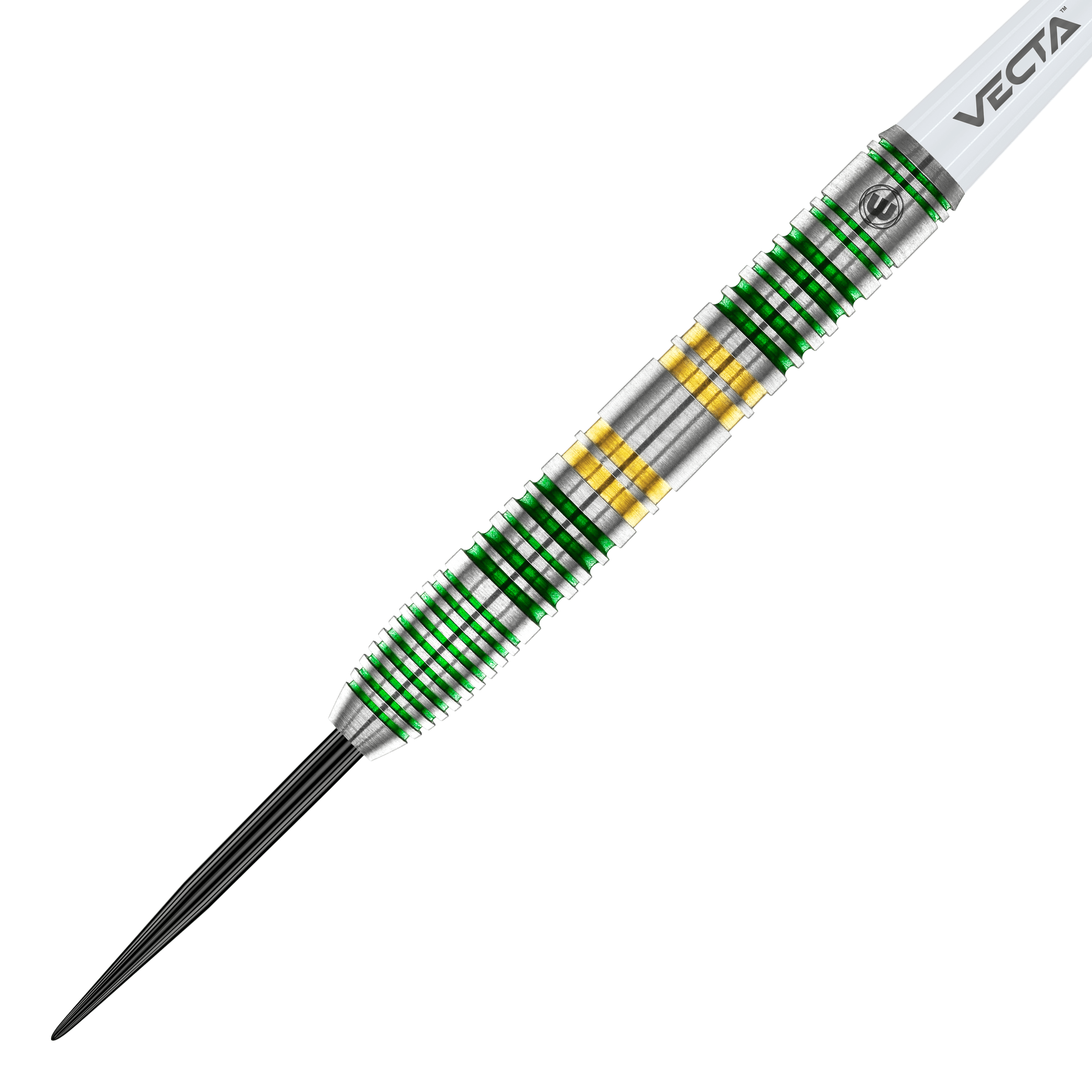 Dardos de acero Winmau Xenon Das Bild zeigt einen Winmau Xenon Steeldart. Der Dartpfeil hat ein silbernes Griffstück mit grünen und goldenen Ringen.