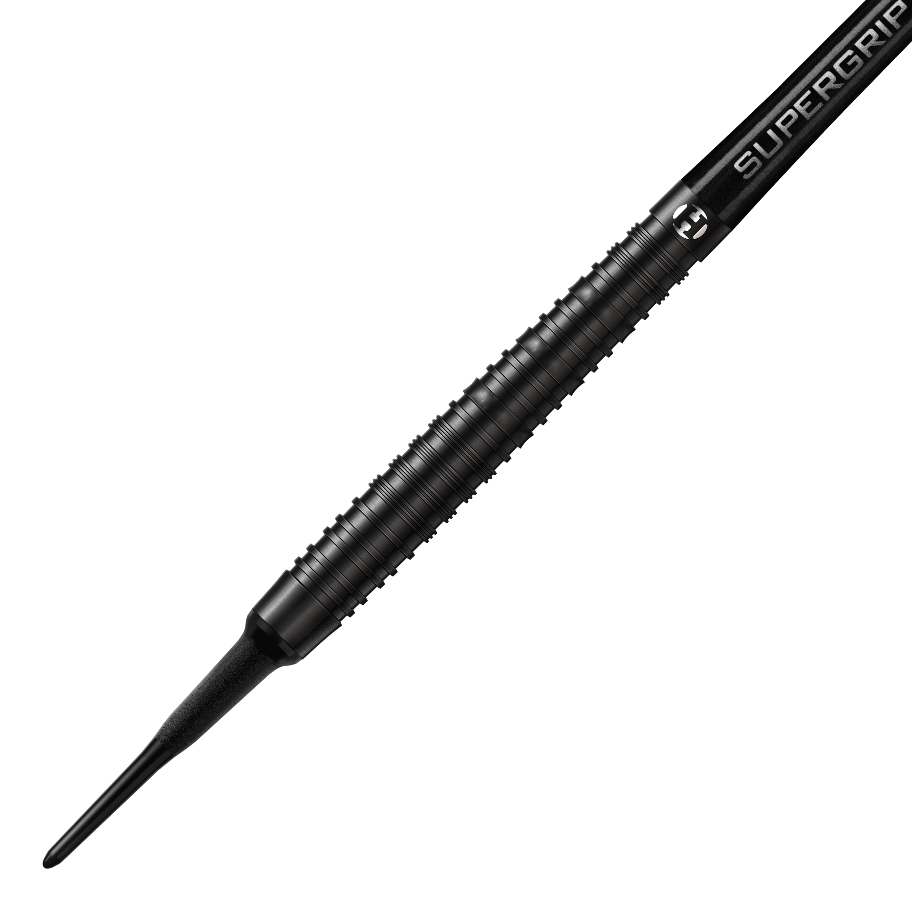 Dardos blandos Harrows NX90 Black Edition Dieses Bild zeigt den Harrows NX90 Black-Edition Softdart. Der Dart ist komplett schwarz und hat eine geriffelte, griffige Oberfläche.