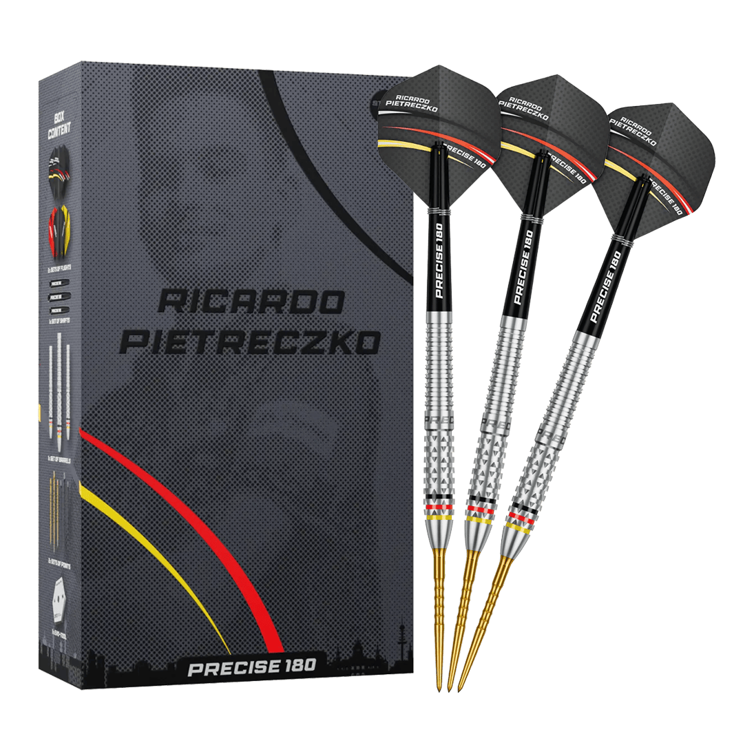 Dardos de acero Precise 180 Ricardo Pietreczko GEN1 Vollansicht der Precise 180 Ricardo Pietreczko GEN1 Steeldarts. Diese Darts sind für Präzision und Kontrolle entwickelt.