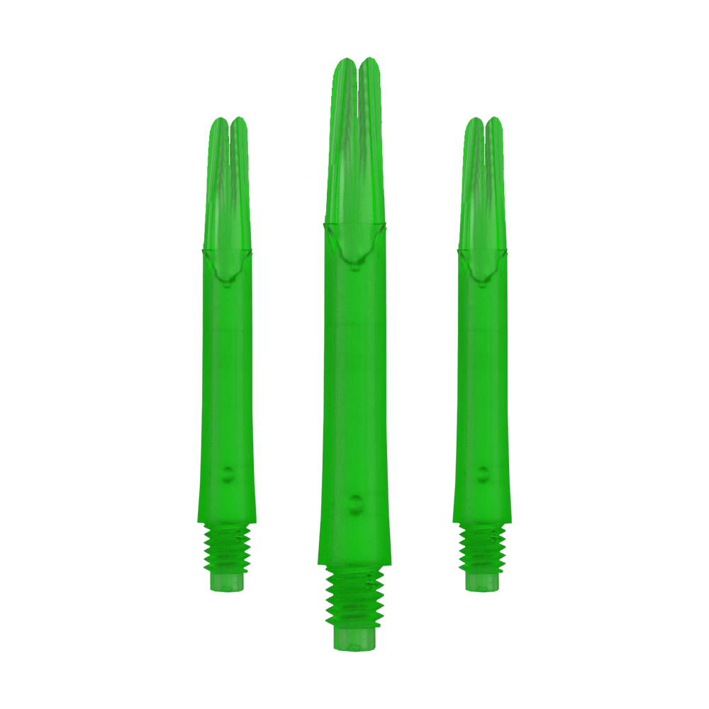 Ejes en L estilo L bloqueados rectos - Verde Auf dem Bild sind drei gerade, grüne Dartshafts ohne Kappen zu sehen. Sie stehen nebeneinander und haben ein Schraubgewinde am unteren Ende.