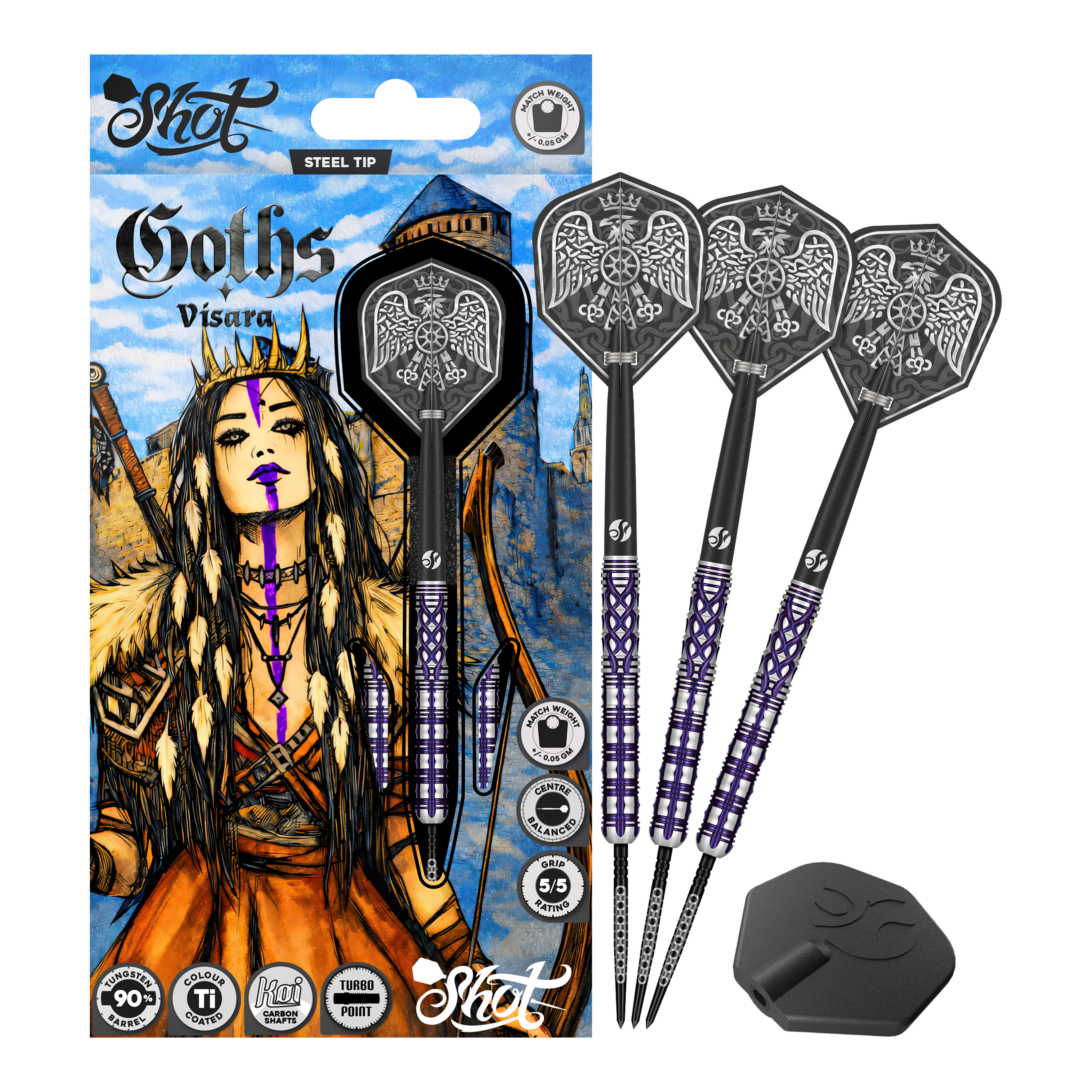 Dardos de acero Shot Goths Visara Turbo Point - 23 g Das Produkt zeigt die Shot Goths Visara Turbo Point Steeldarts - 23g in voller Ansicht. Diese Steeldarts stehen für Qualität und Zuverlässigkeit beim Dartspiel.