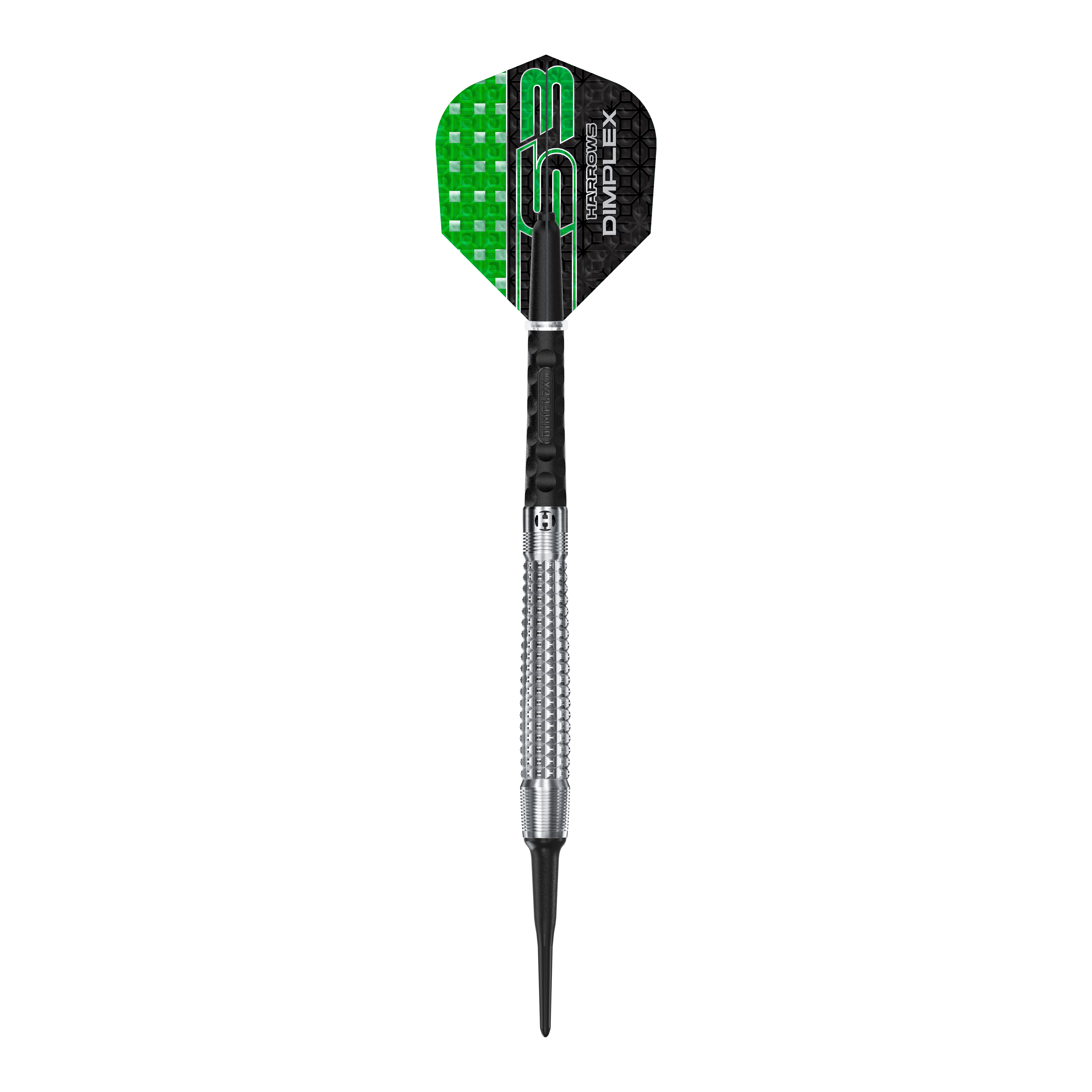 Dardos suaves cónicos Harrows Dimplex S3 Das Bild zeigt einen Harrows Dimplex S3 Tapered Softdart. Der Dartpfeil hat eine Metallspitze und ein schwarzes und grünes Flight-Design.