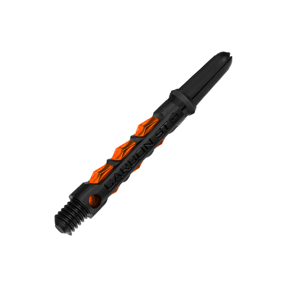 HR429_Harrows_Carbon_ST_Shafts_Orange_40mm_2 Das Bild zeigt einen Harrows Carbon ST Shaft in Orange. Der Schaft hat ein modernes Design mit schwarzen und orangefarbenen Elementen.