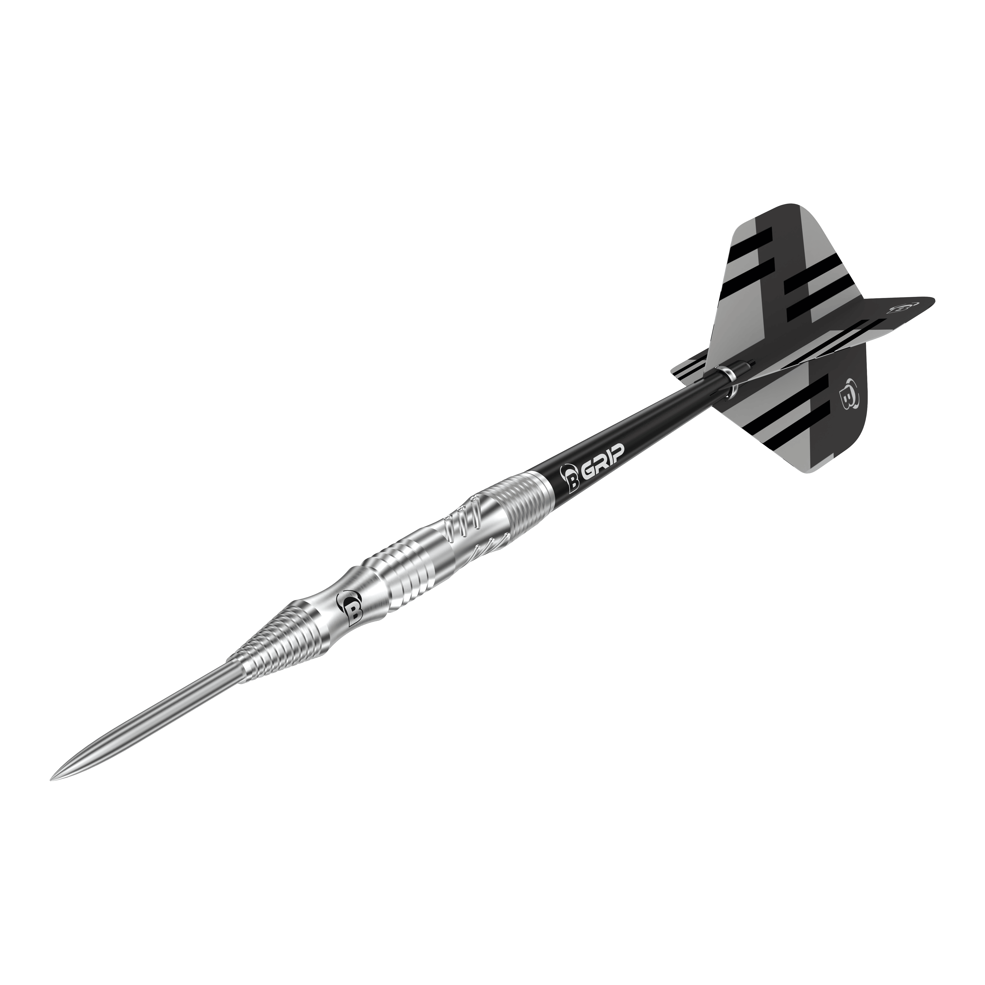 Dardos de acero Bulls Tac T1 Das Bild zeigt einen Bulls Tac T1 Steeldart. Der Dart hat eine silberne Spitze und ein schwarzes Flight-Design mit Streifen.
