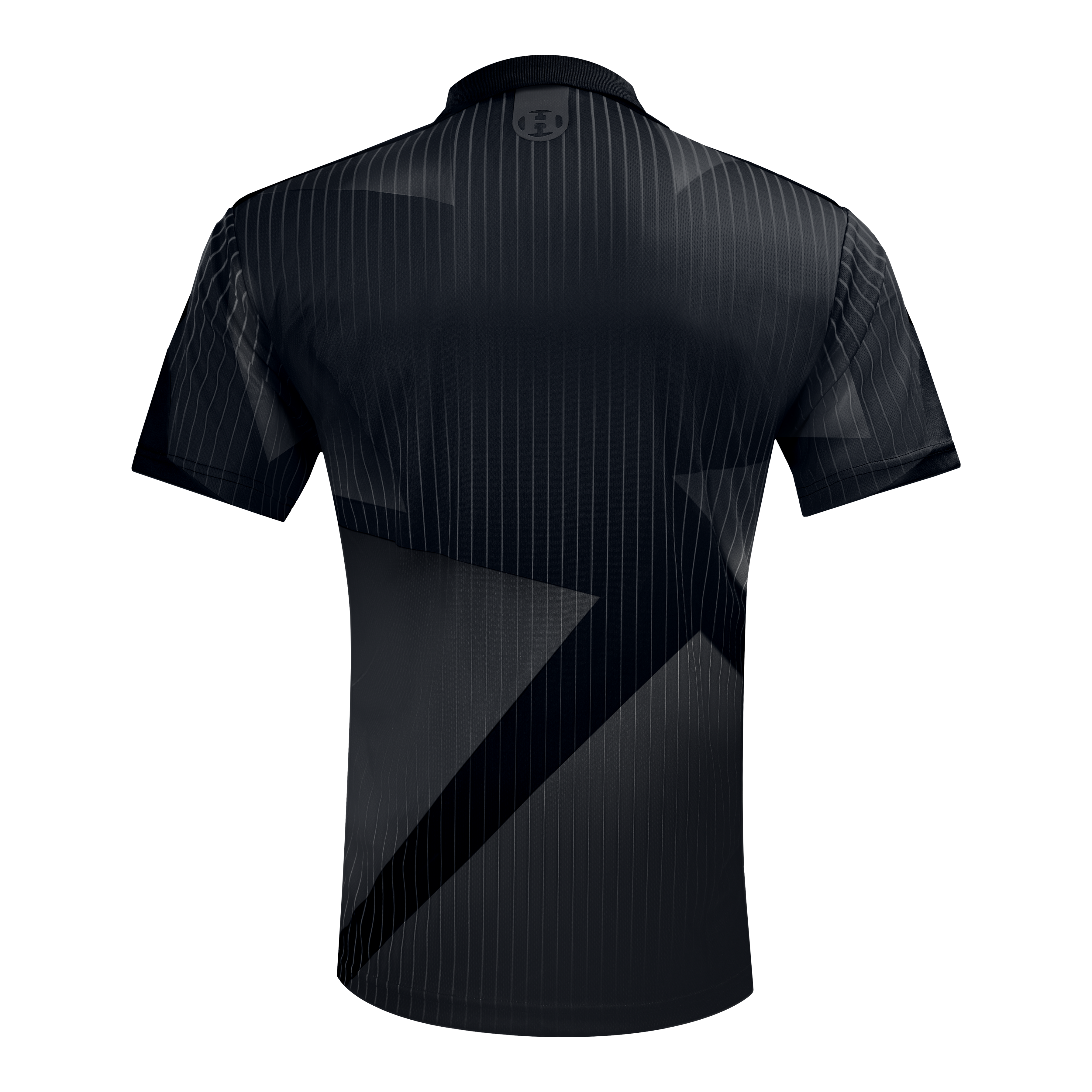 Harrows Shard Dartshirt - Schwarz Das Bild zeigt das Harrows Shard Dartshirt in Schwarz von hinten. Das Shirt hat feine vertikale Streifen und ein auffälliges geometrisches Muster.