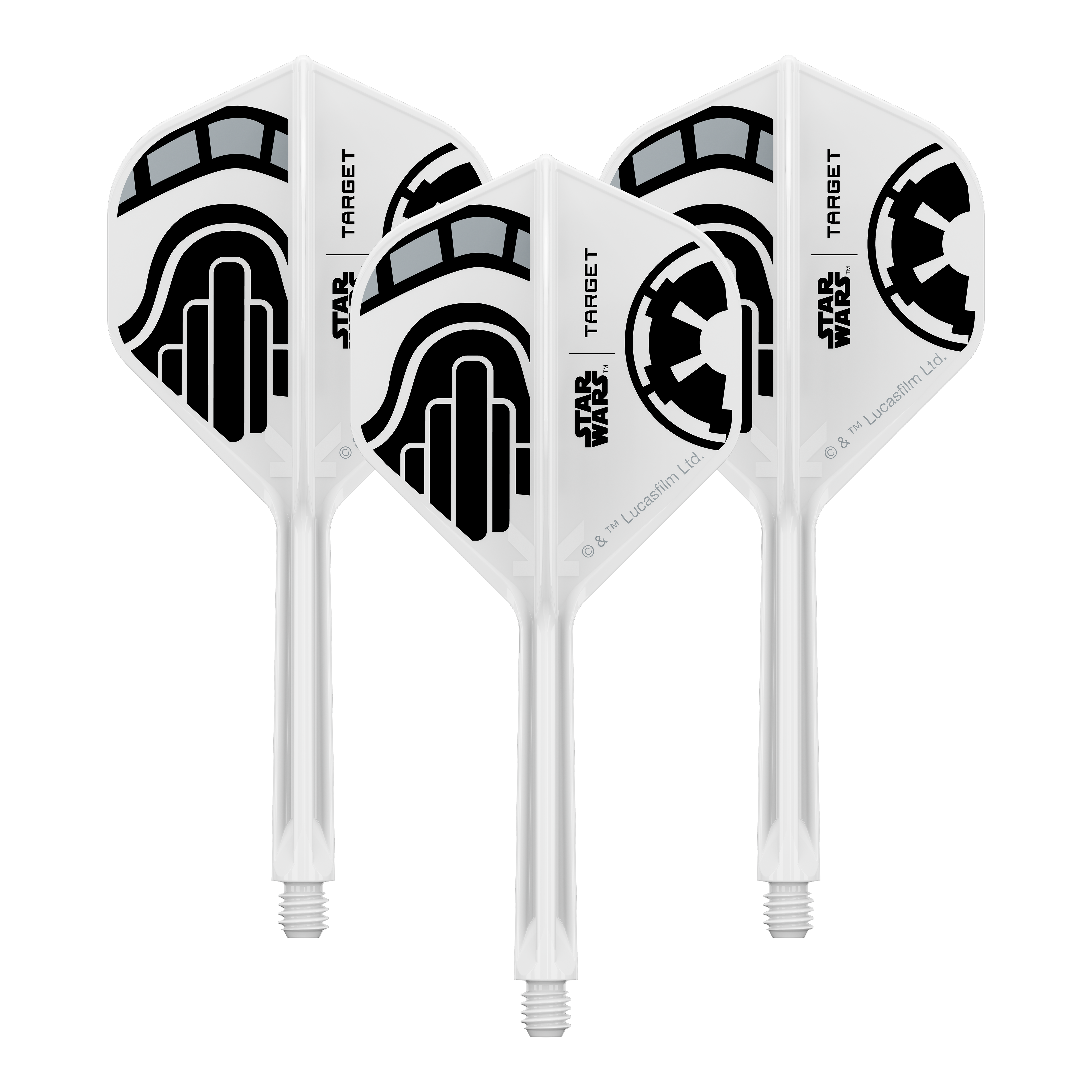Das Bild zeigt ein Set von Dart-Flights der Star Wars KFlex Stormtrooper No2 Standard Serie. Diese Version ist medium und hat eine Länge von 33 mm.