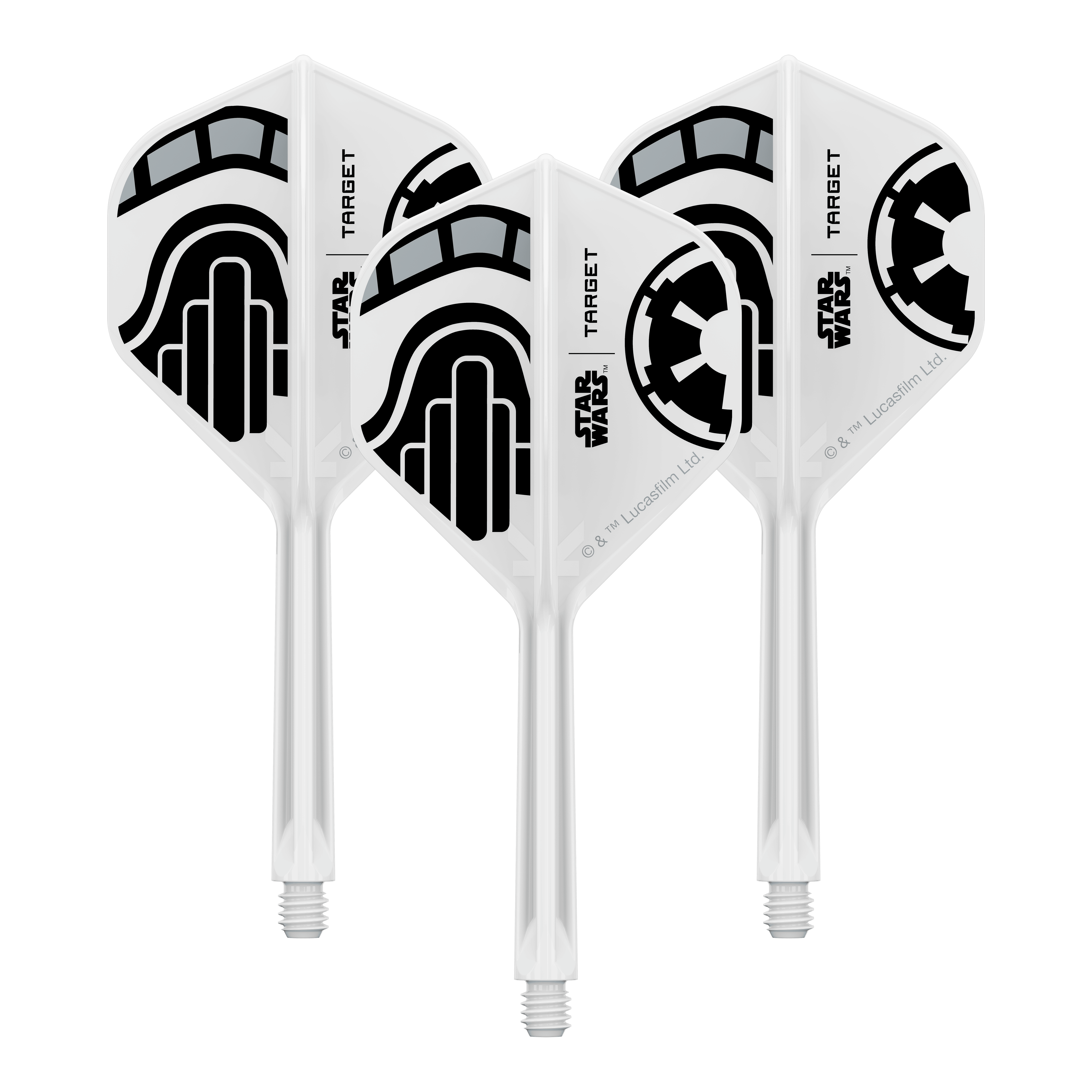 Target Star Wars K-Flex Stormtrooper No. 2 Vuelos Estándar Das Bild zeigt ein Set von Dart-Flights der Star Wars KFlex Stormtrooper No2 Standard Serie. Diese Version ist medium und hat eine Länge von 33 mm.