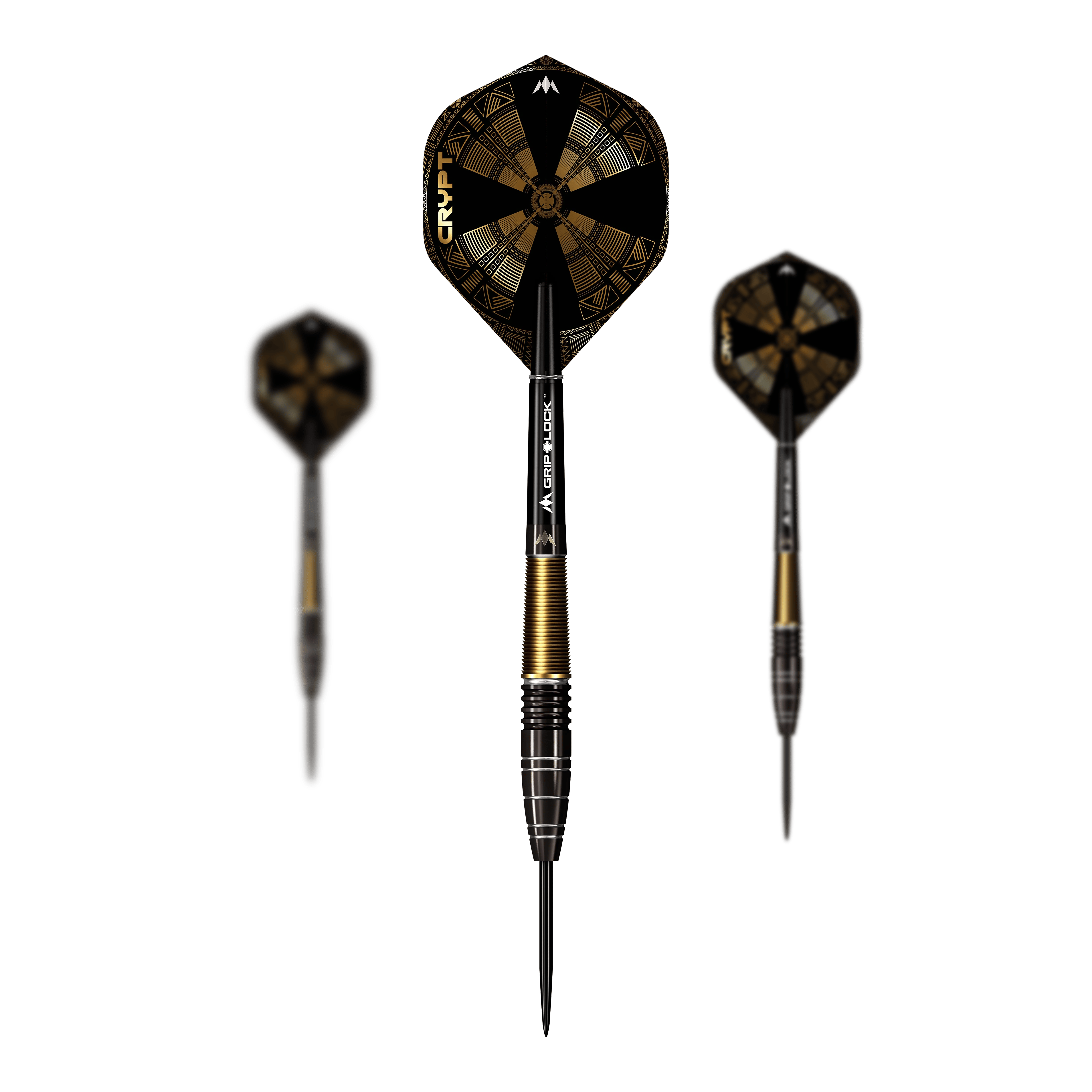 Dardos de acero Mission Crypt Modelo 1 - 22 g Die Abbildung zeigt drei Steeldarts des Modells "Mission Crypt Model 1" mit einem Gewicht von 22g. Die Darts sind schwarz-golden gestaltet und haben ein modernes, geometrisches Flight-Design.