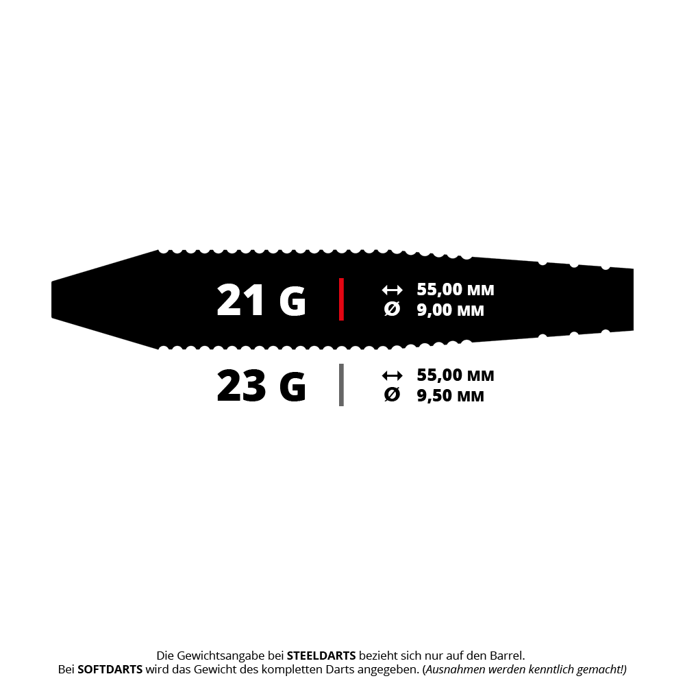 Das Bild zeigt die Maße und das Gewicht von zwei verschiedenen Steeldarts. Ein Dart wiegt 21 Gramm bei 55 mm Länge und 9 mm Durchmesser, der andere 23 Gramm bei 55 mm Länge und 9,5 mm Durchmesser.