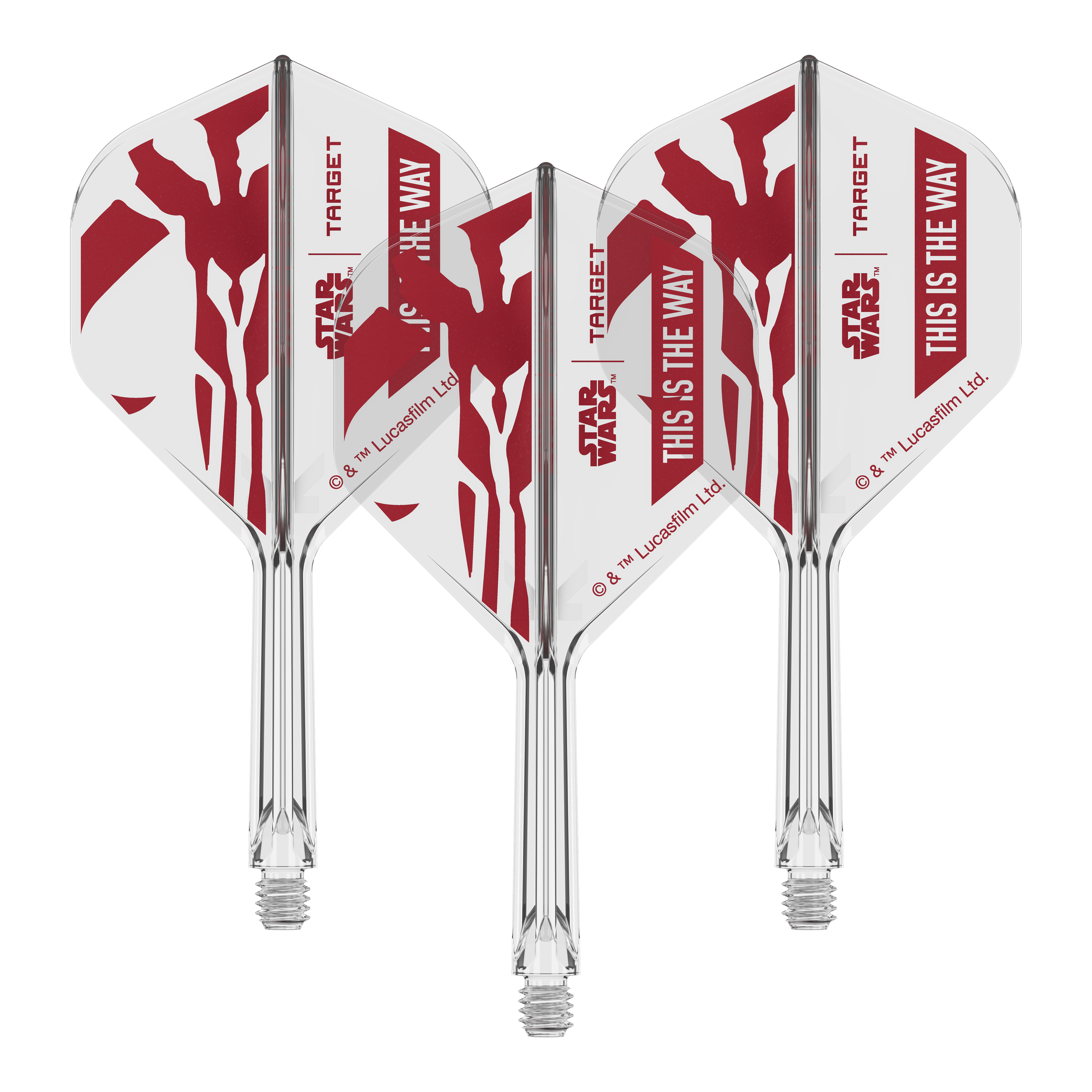 Set Target Star Wars K-Flex Mandalorian No2 Vuelos estándar Gezeigt wird das Produkt mit dem Dateinamen 410621_Target_StarWars_K-Flex_ThisIsTheWay_No2_Standard_Flights_26mm_2b. Das Motiv scheint an den Star Wars Spruch 'This is the Way' angelehnt zu sein.