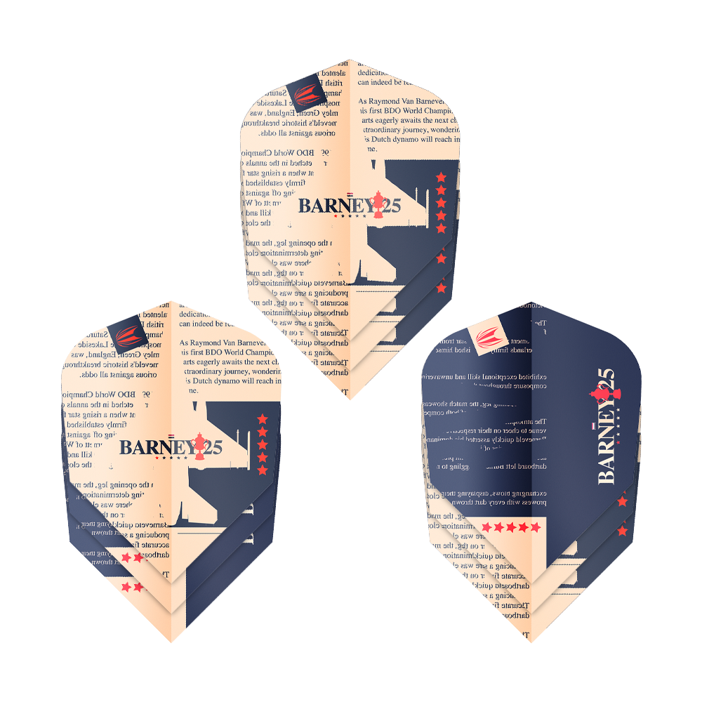 Target ProUltra Raymond Van Barneveld Barney25 Vuelos Ten-X Das Bild zeigt drei Dart-Flights mit dem Design „BARNEY25“ und Sternen. Sie sind in den Farben Dunkelblau und Beige gehalten und tragen Text sowie ein Logo.