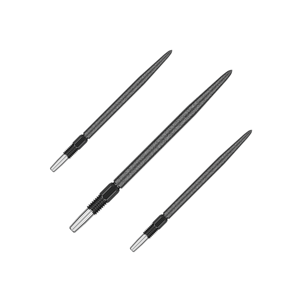 Puntas de dardos Target Swiss Point SLK - Negras Das Bild zeigt drei schwarze Dartspitzen, die nebeneinander liegen. Sie haben eine metallische Spitze und einen geriffelten Abschnitt am Ende.