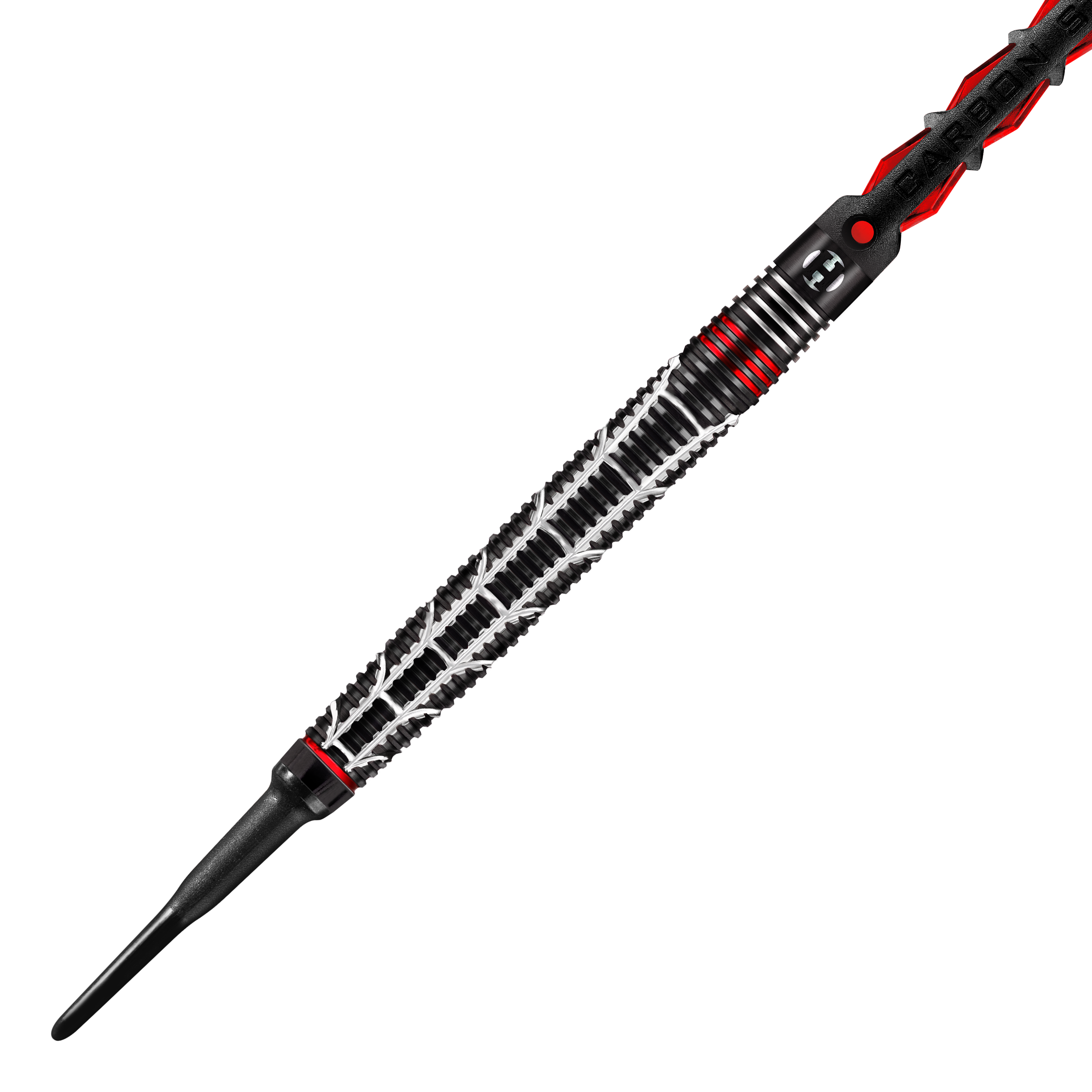Dardos blandos Harrows Atrax Auf dem Bild ist ein Softdart-Pfeil mit einem auffällig gemusterten, schwarzen Griff zu sehen. Der Dart hat silberne und rote Akzente, die ihm ein modernes und sportliches Aussehen verleihen.
