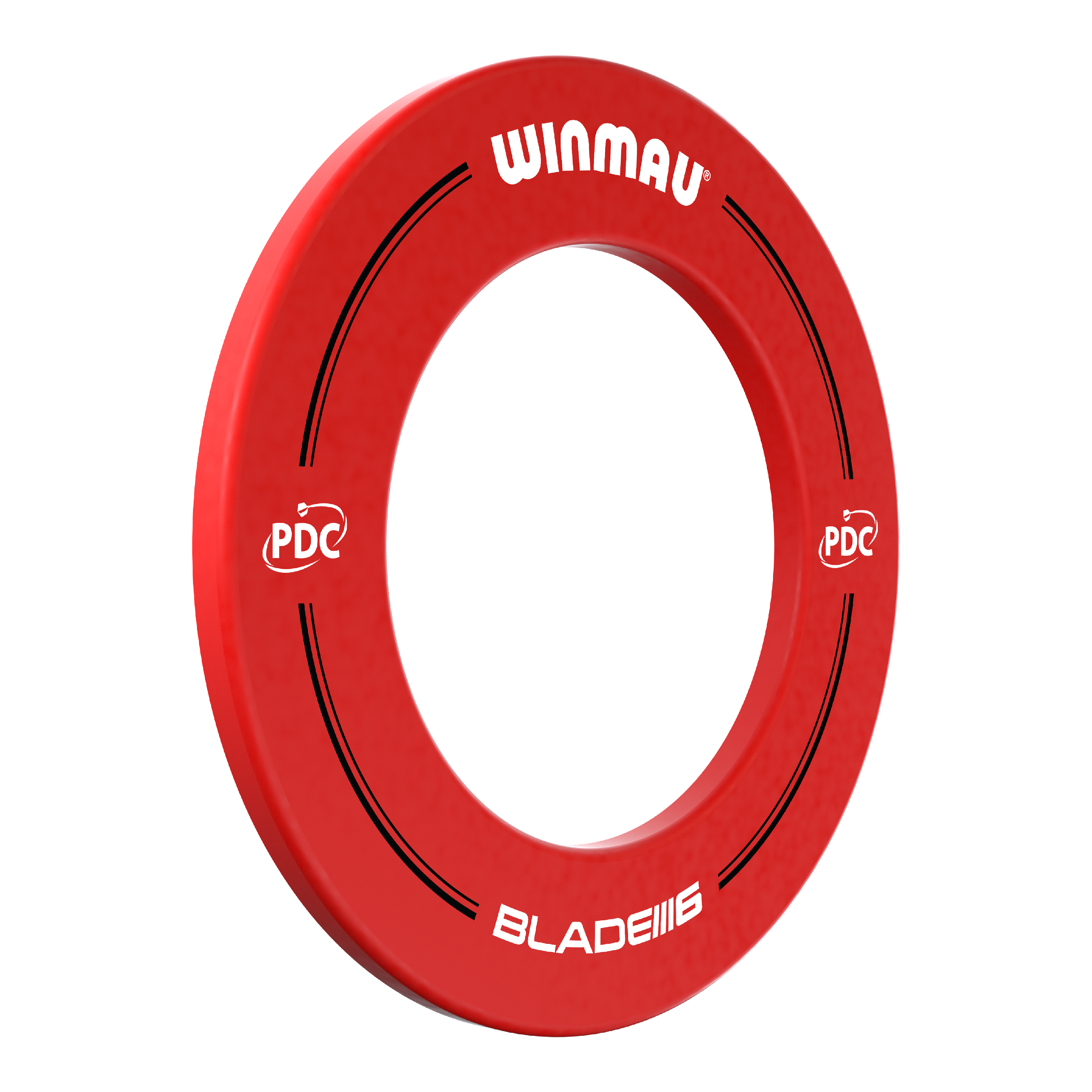 Marco para diana Winmau PDC - Rojo Das Bild zeigt einen roten Dartboard-Surround von Winmau mit der Aufschrift „PDC“ und „BLADE 6“. Der Surround dient dazu, die Wand rund um ein Dartboard vor abprallenden Pfeilen zu schützen.