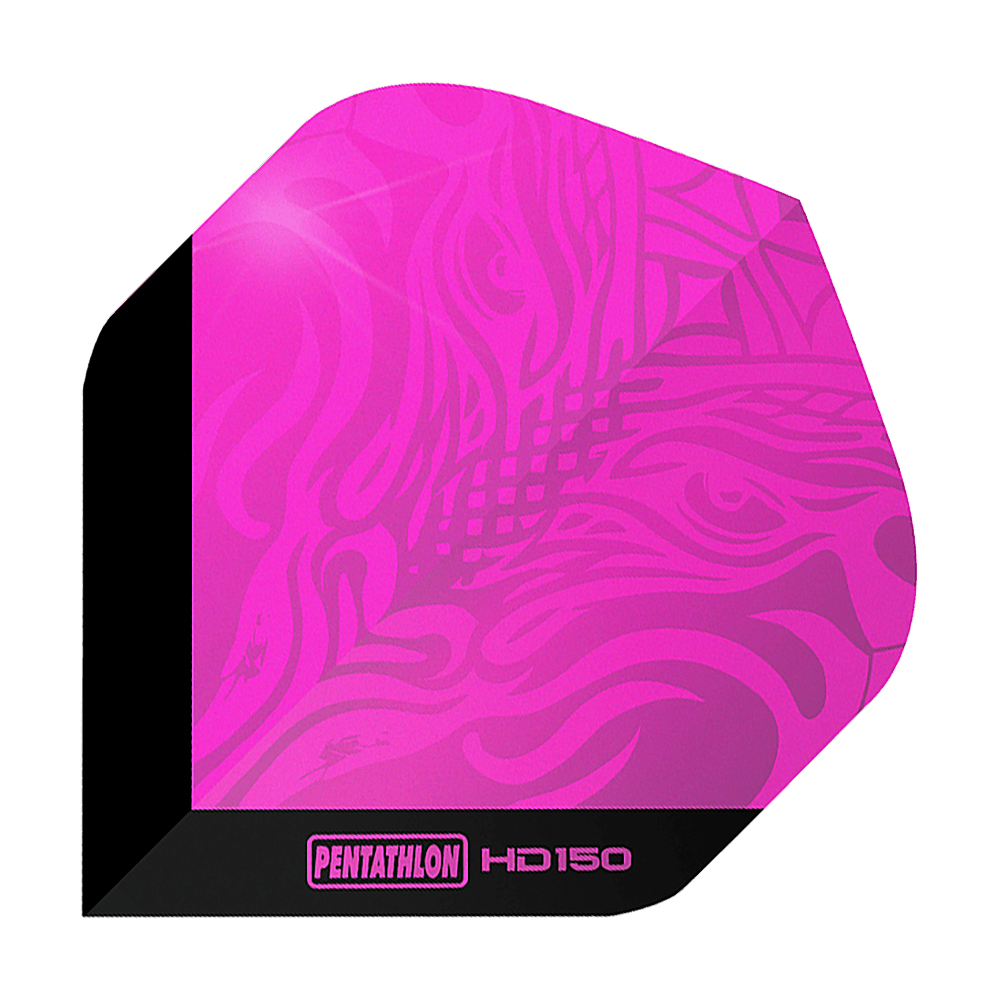 Vuelos estándar Pentathlon HD150 rosa metalizado Das Bild zeigt den Pentathlon HD150 Metallic Pink Standard Flight. Er ist in einem auffälligen Metallic-Pink gehalten und hat ein modernes Muster.