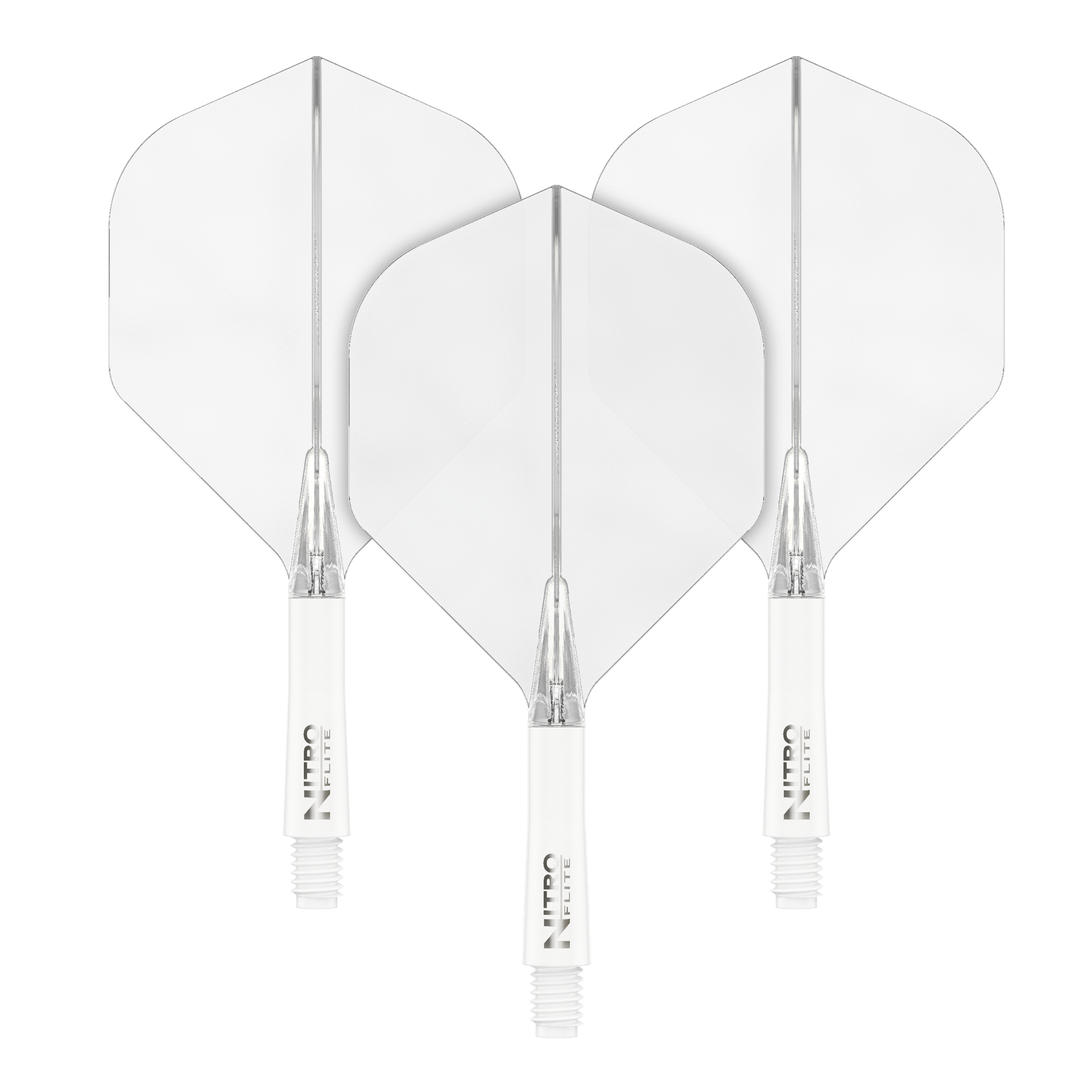 Red Dragon Nitroflite - Eje blanco, plumas transparentes nº 2 Das Bild zeigt drei weiße Dartflights mit weißen Schäften. Sie sind nebeneinander auf schwarzem Hintergrund angeordnet.