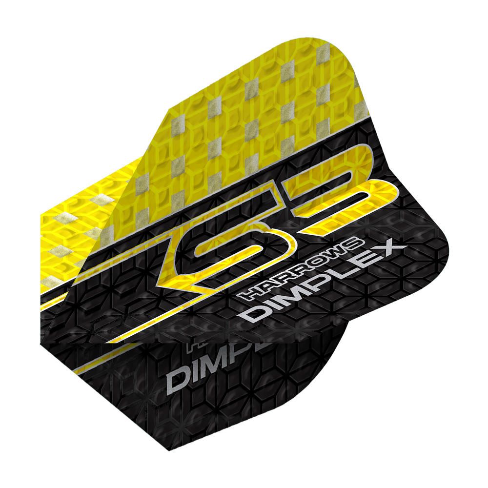 Rastrillos Dimplex S3 - Amarillo Das Bild zeigt einen Harrows Dimplex S3 Flight in Gelb und Schwarz. Auf dem Flight steht "S3 HARROWS DIMPLEX" in auffälliger Schrift.