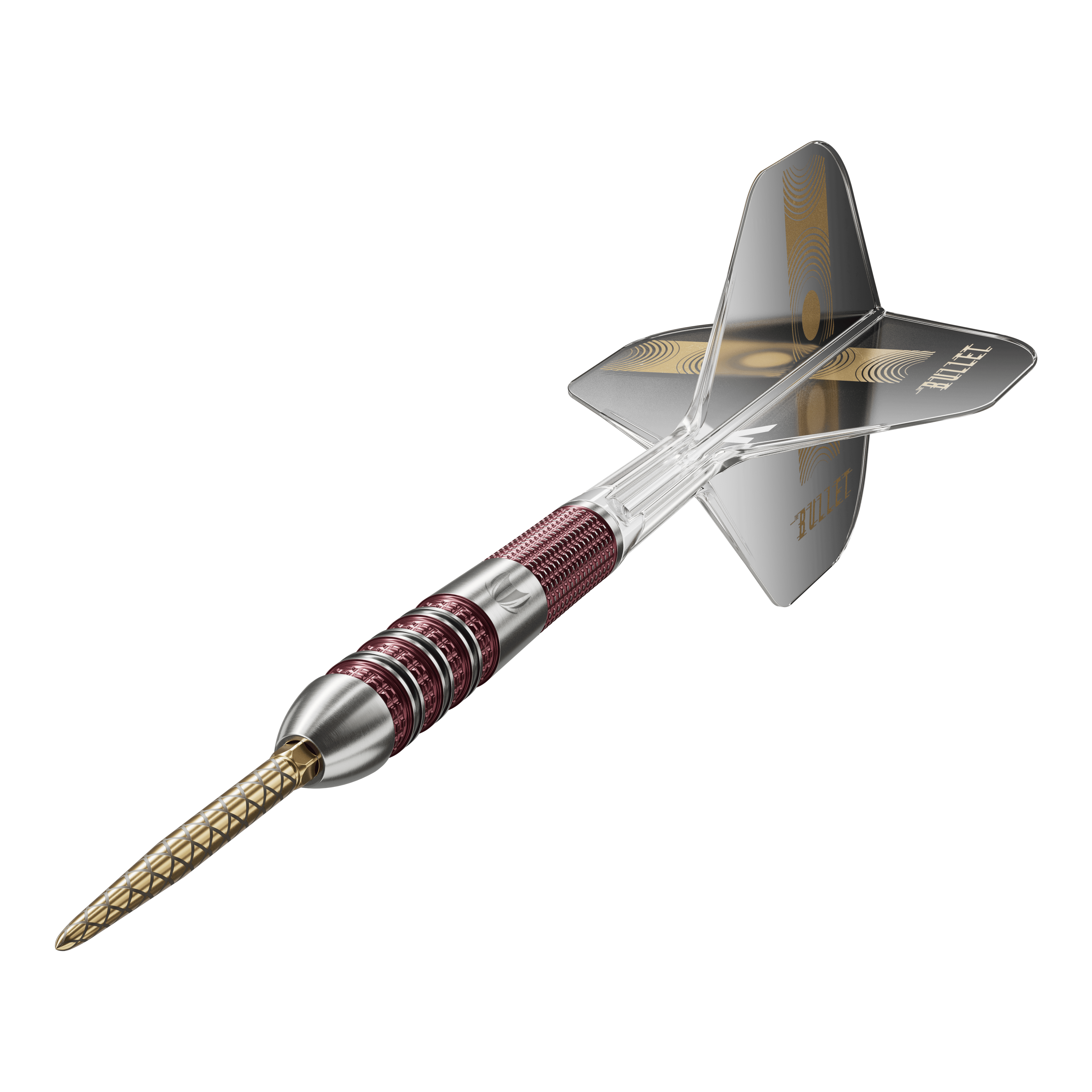 Dardos de acero Target Stephen Bunting 95K Swiss Point Das Bild zeigt einen Target Stephen Bunting 95K Swiss Point Steeldart. Der Dartpfeil hat einen metallic-roten Griff, eine goldene Spitze und schwarze Flights mit dem Schriftzug "BULLET".