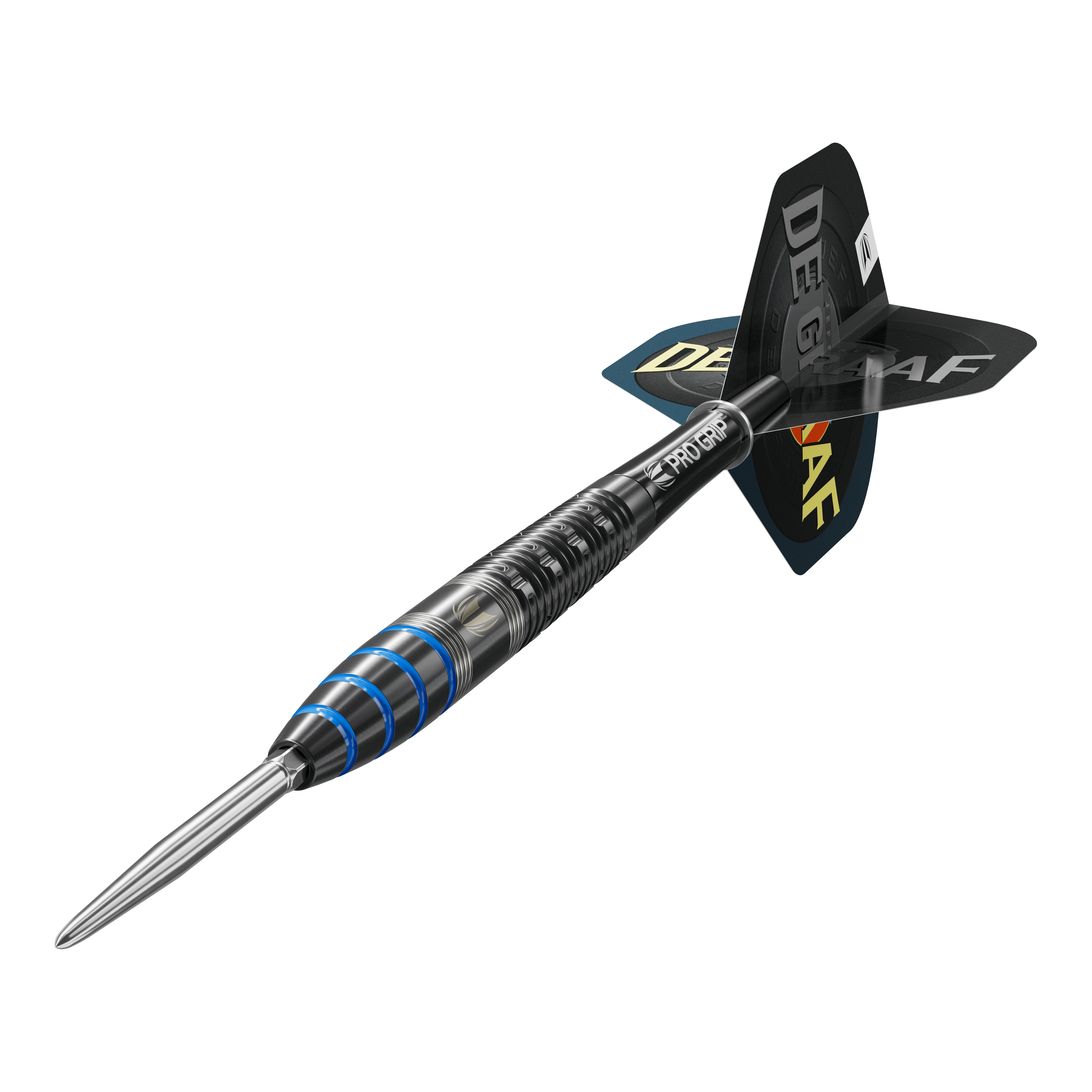 Diana Jeffrey De Graaf GEN1 Dardos de acero con punta suiza - 23 g Das Bild zeigt einen Target Jeffrey De Graaf GEN1 Swiss Point Steeldart mit einem Gewicht von 23 Gramm. Der Dart hat ein schwarzes Design mit blauen Akzenten und der Aufschrift "DE GRAAF" auf den Flights.