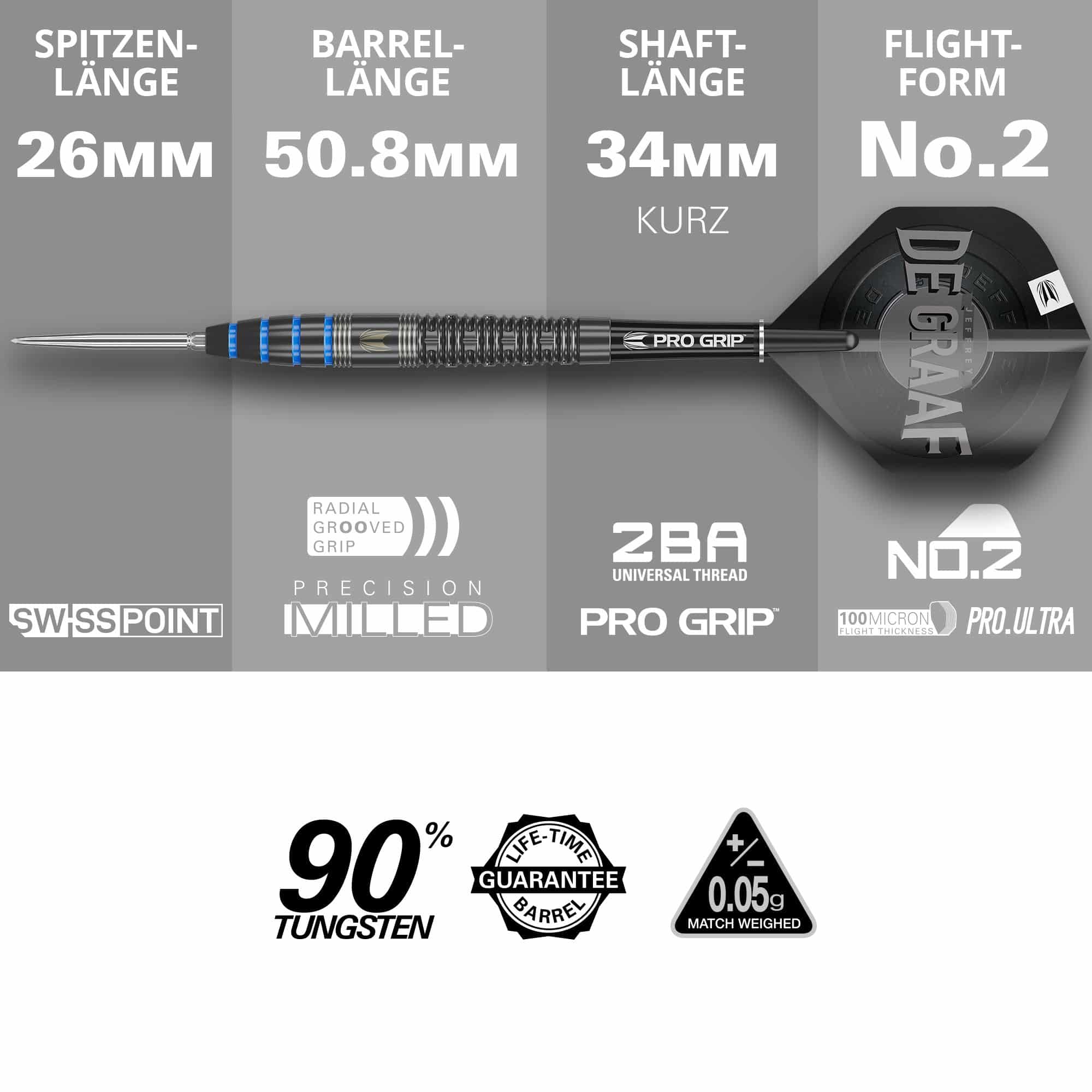 Diana Jeffrey De Graaf GEN1 Dardos de acero con punta suiza - 23 g Das Bild zeigt den Steeldart "Target Jeffrey De Graaf GEN1 Swiss Point" mit 23g Gewicht. Die wichtigsten Merkmale sind eine Spitzenlänge von 26 mm, eine Barrelinglänge von 50,8 mm, eine Schaftlänge von 34 mm sowie Flights in der Form No.2.