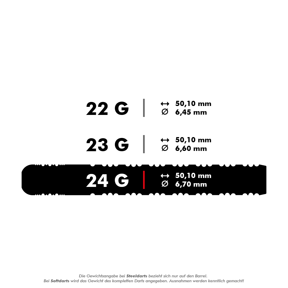 Dardos de acero Target Chris Dobey Hollywood Action Swiss Point Das Bild zeigt drei verschiedene Dartgewichte: 22 g, 23 g und 24 g, jeweils mit ihren Längen und Durchmessern. Die Maße sind für alle Längen gleich (50,10 mm), aber die Durchmesser variieren je nach Gewicht.