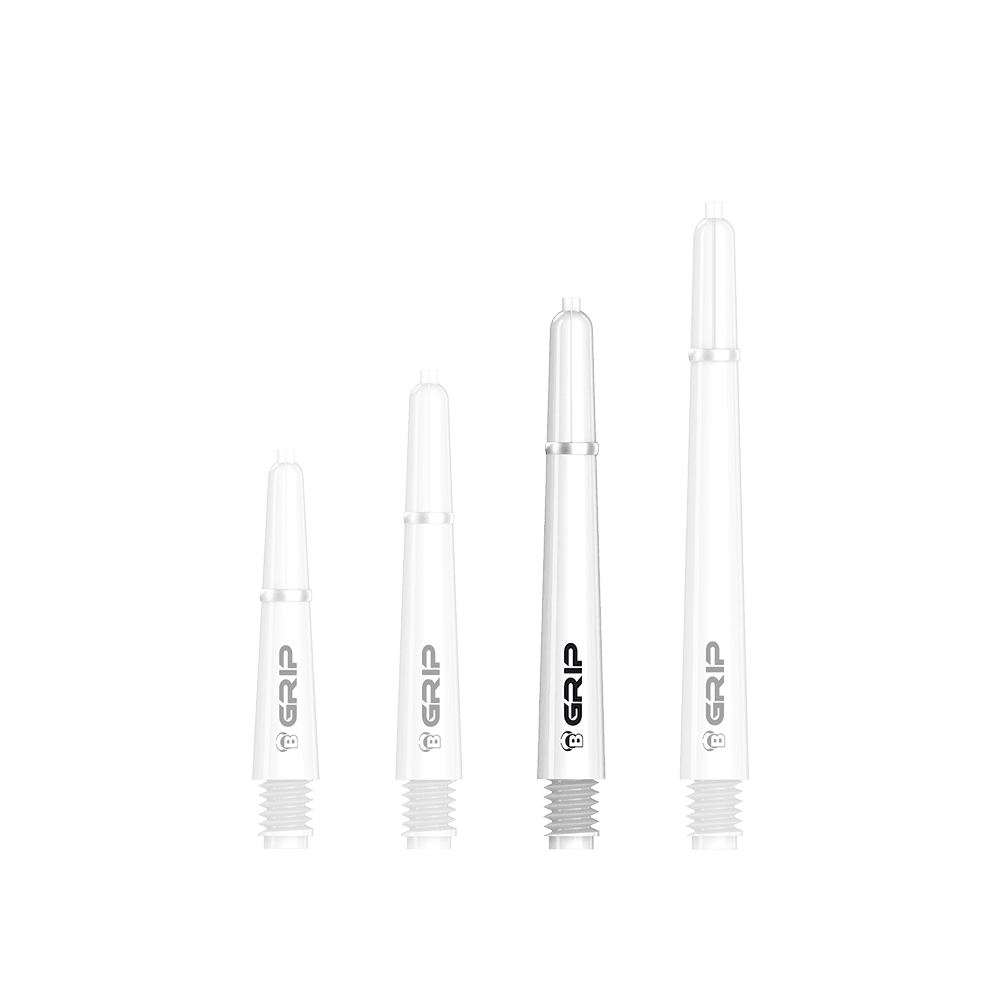 BS55069_Bulls_B-Grip-2_SL_Shafts_Weiss_41mm_1aC7htoVTCV4T3 Auf dem Bild sind vier weiße Dartschäfte des Modells „Bulls B-Grip-2 SL Shafts“ in unterschiedlichen Längen zu sehen. Die Schäfte haben ein schlichtes Design mit schwarzer Aufschrift „GRIP“.
