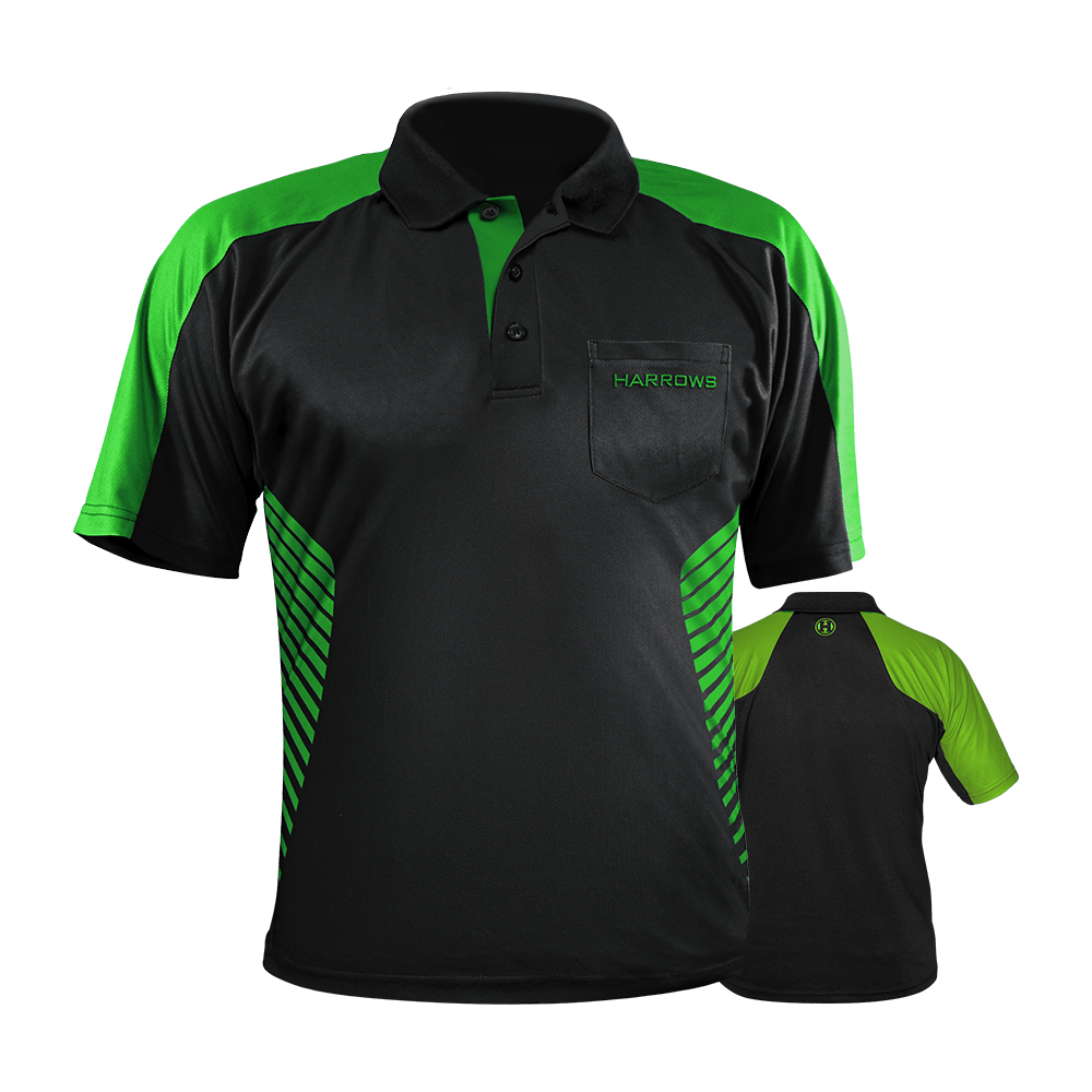 HRS-17492_Harrows_Vivid_Dartshirt_Black_Green_0 Das Bild zeigt das Harrows Vivid Dartshirt in Schwarz und Grün. Das Shirt hat grüne Akzente an den Schultern und Seiten sowie den Schriftzug „HARROWS“ auf der Brusttasche.