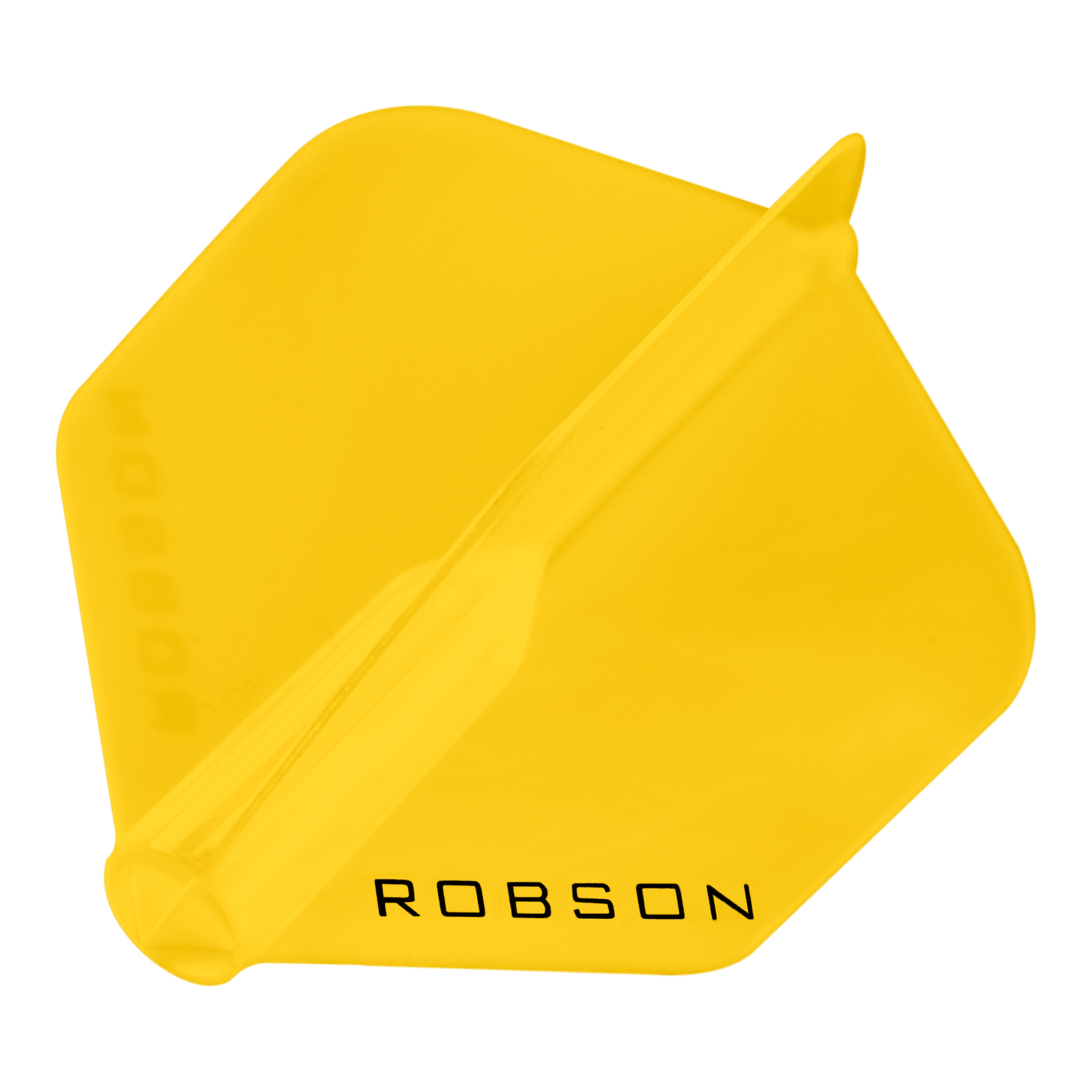 Das Bild zeigt einen gelben Dartflight der Marke Robson. Auf dem Flight steht das Wort "ROBSON" in schwarzer Schrift.