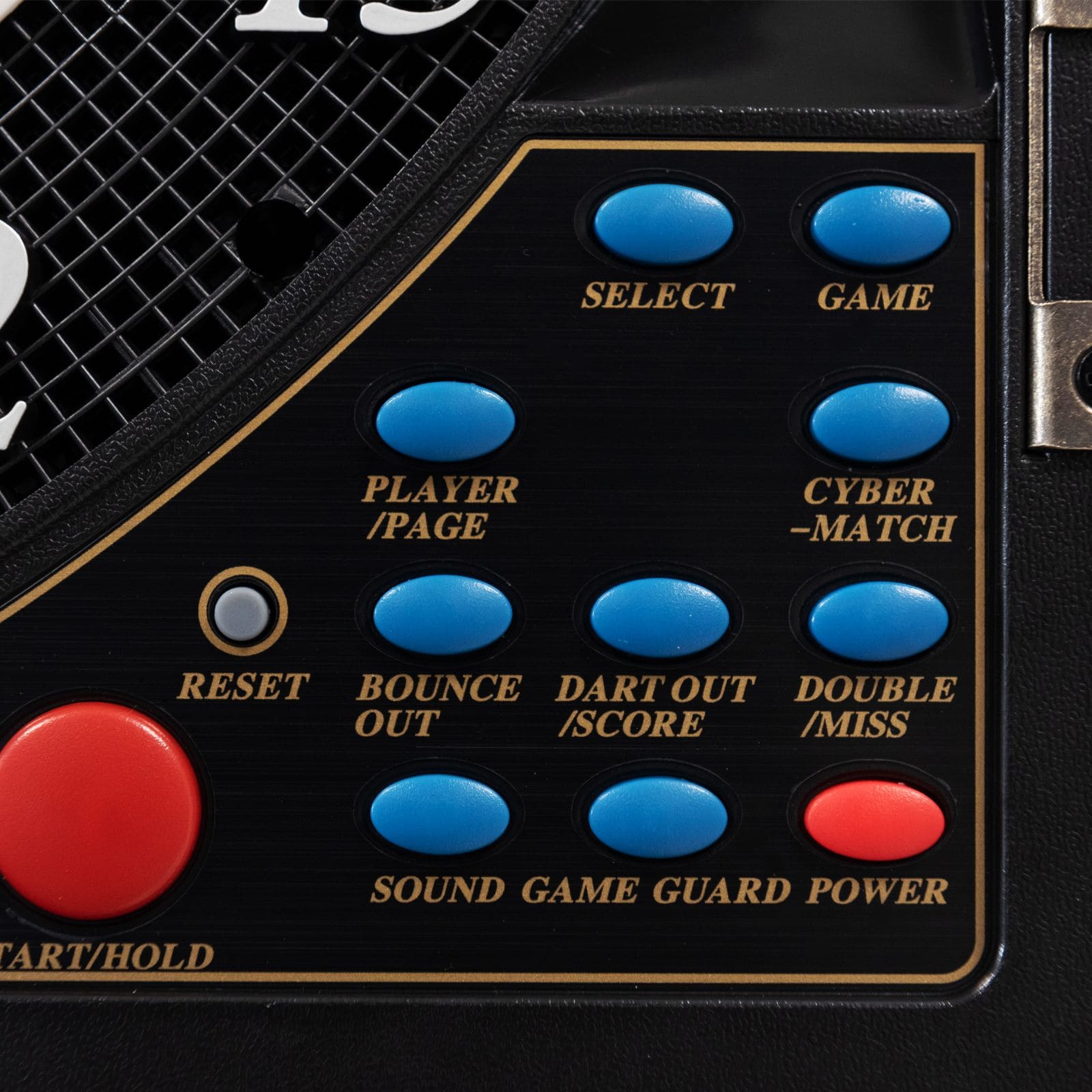 Diana electrónica CB 90 versión torneo Das Bild zeigt die Tasten und Bedienfelder einer elektronischen Dartscheibe CB 90 Turnierausführung. Mehrere blaue und rote Knöpfe sind mit verschiedenen Funktionen wie "SELECT", "GAME", "POWER" und "RESET" beschriftet.