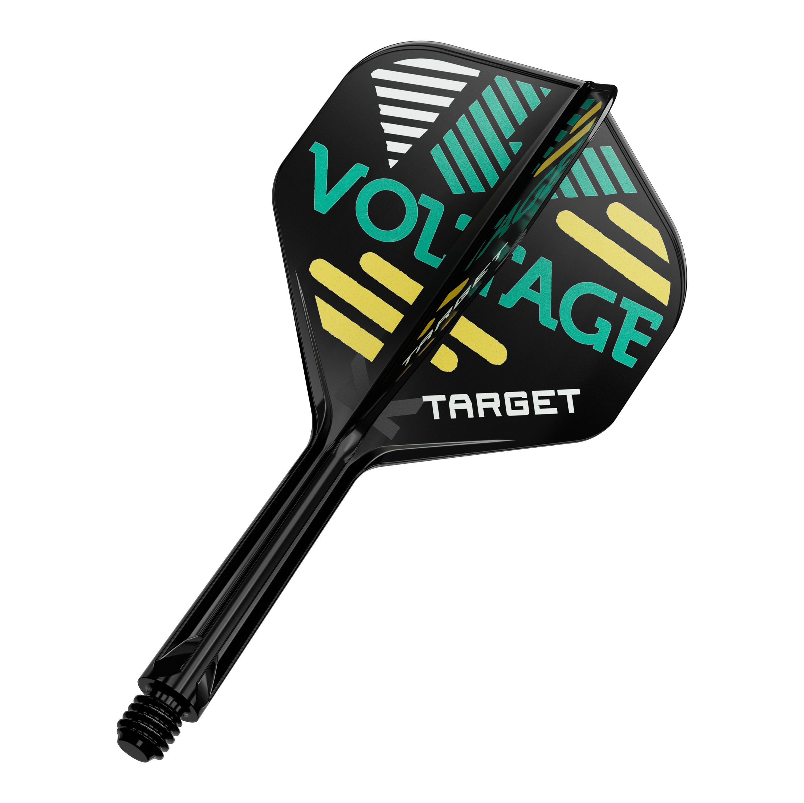Sistema de eje de vuelo estándar Target K-Flex Rob Cross No2 Auf dem Bild ist ein Dart-Flügel mit Schaft zu sehen. Auf dem schwarzen Flügel steht in grüner und gelber Schrift „VOLTAGE“ und „TARGET“.