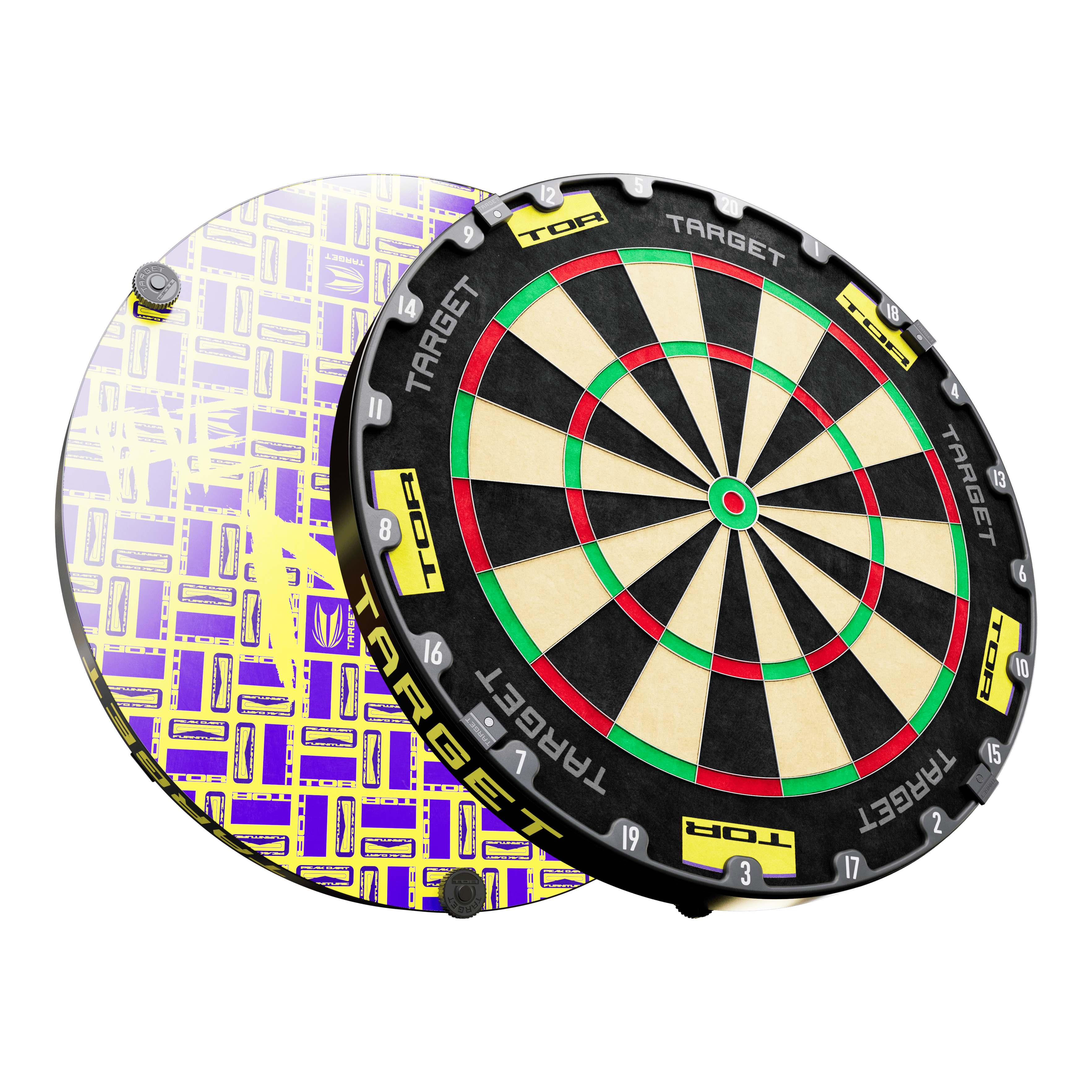 Paquete de diana de dardos de acero con forma de objetivo envolvente, campeón mundial Luke Littler 2025 Auf dem Bild ist ein Steeldartboard-Bundle mit einer schwarzen und gelben Umrandung zu sehen. Im Hintergrund erkennt man eine auffällige, lila-gelbe Motivscheibe mit grafischem Muster.