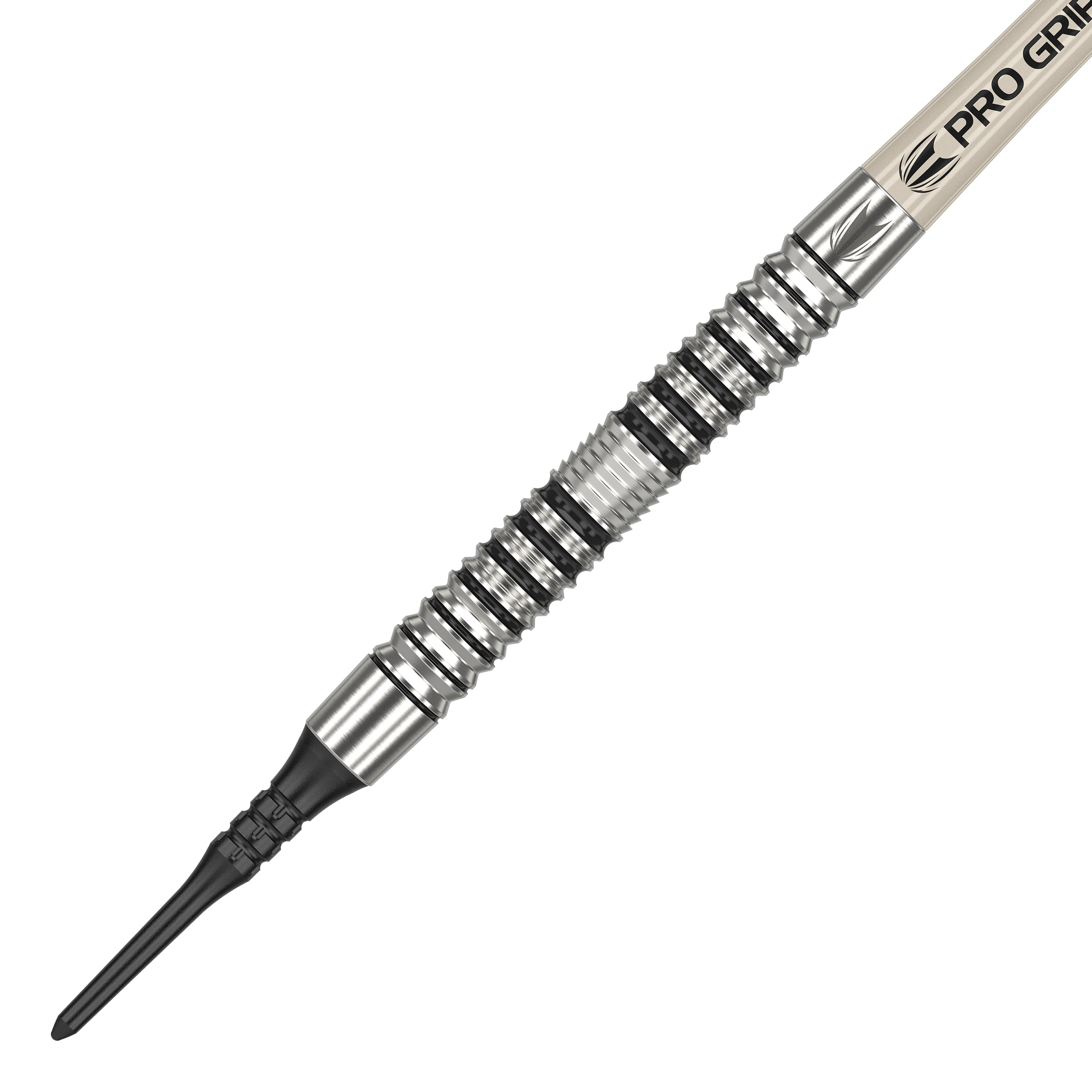 Dardos blandos Target EXO 10 Das Bild zeigt einen Target EXO 10 Softdart. Der Dartpfeil hat ein silbernes, gerilltes Griffstück und eine schwarze Kunststoffspitze.