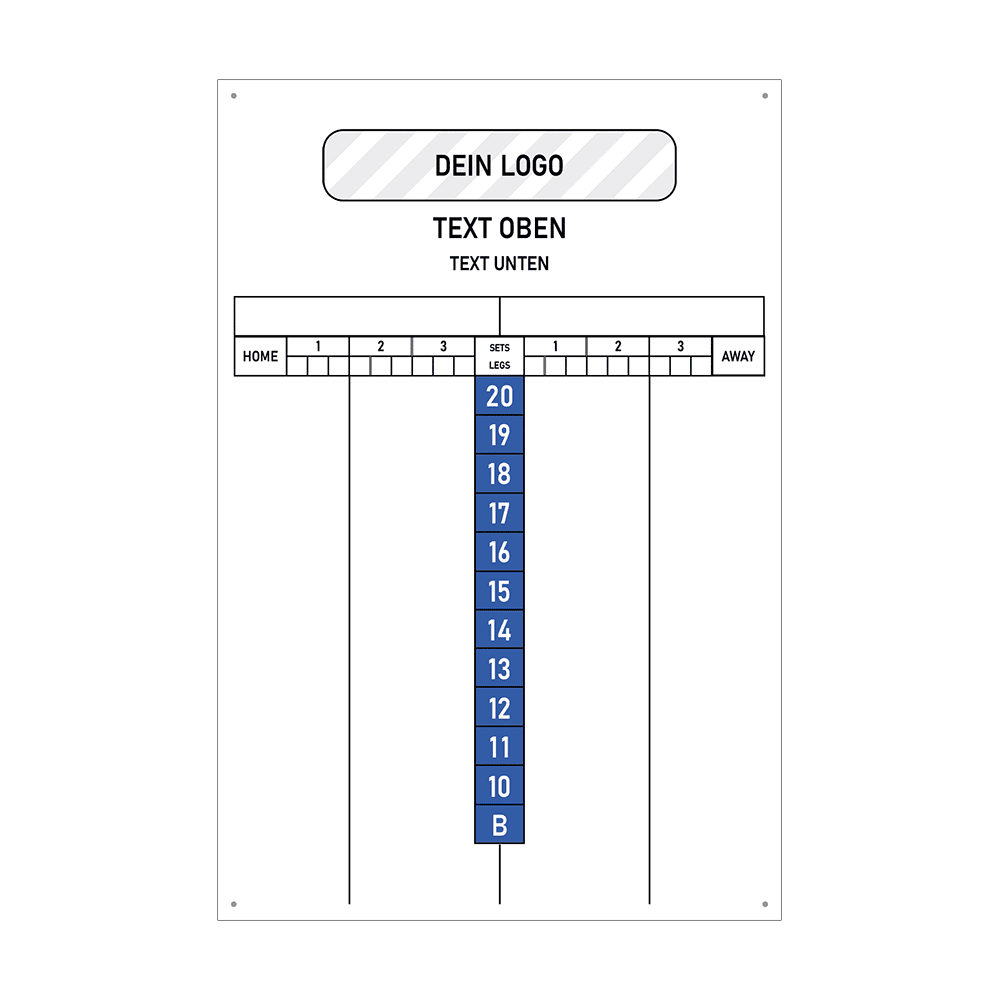 INSCORE2_Scoreboard_mit_Wunschdruck_40x60cm_Blau_3 Das Bild zeigt eine weiße Anzeigetafel mit blauen Zahlen in der Mitte und Feldern für Ergebnisse. Oben gibt es Platz für ein Logo und individuellen Text.