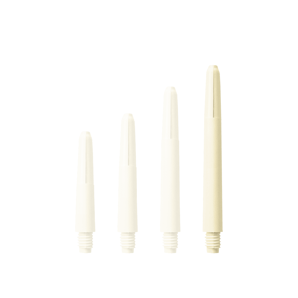 578_Nylon_Shafts_Naturweiss_48mm_1lhq0dozGcBTMT Das Bild zeigt vier Nylon-Schäfte in Naturweiß, die nebeneinander in unterschiedlichen Längen angeordnet sind. Jeder Schaft hat ein Schraubgewinde am unteren Ende.