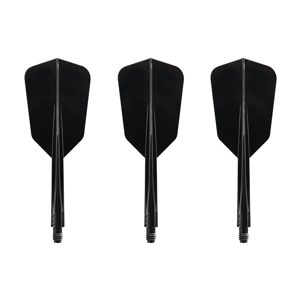 Condor_AXE_Wing_FlightSystem_Schwarz_Slim_1 Das Bild zeigt drei schwarze, schlanke Dartflights des Modells "Condor AXE Wing Flight-System Schwarz - Slim". Sie sind nebeneinander angeordnet und haben jeweils einen integrierten Schaft.