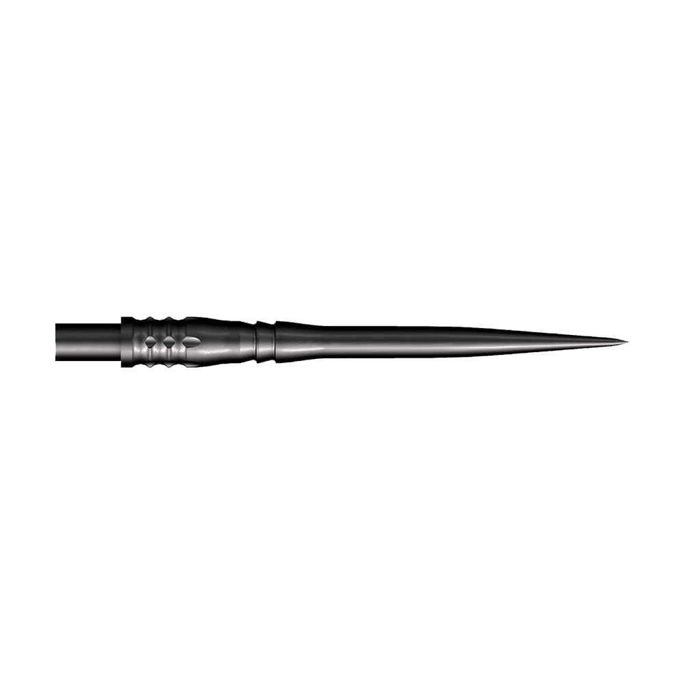 Puntas de dardos Shot Cone Rocket de acero - Negras - 35 mm Das Bild zeigt eine schwarze Steeldart-Spitze mit einer Länge von 35 mm. Die Spitze hat ein schlankes, spitz zulaufendes Design und strukturierte Rillen am Schaft.