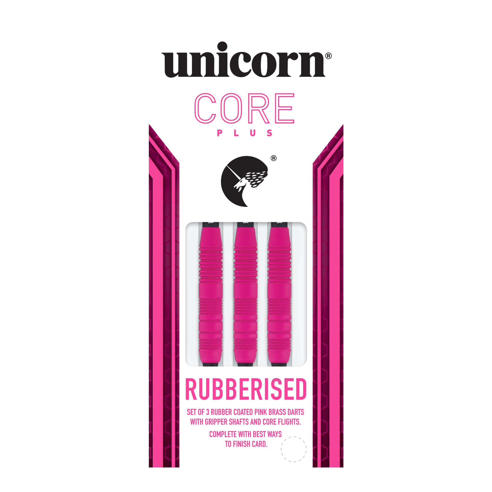 Dardos suaves de goma Unicorn Core Plus, color rosa - 19 g Das Bild zeigt eine Packung der "Unicorn Core Plus Rubberised Pink Softdarts - 19g". In der Verpackung befinden sich drei pinke, gummierte Softdarts.