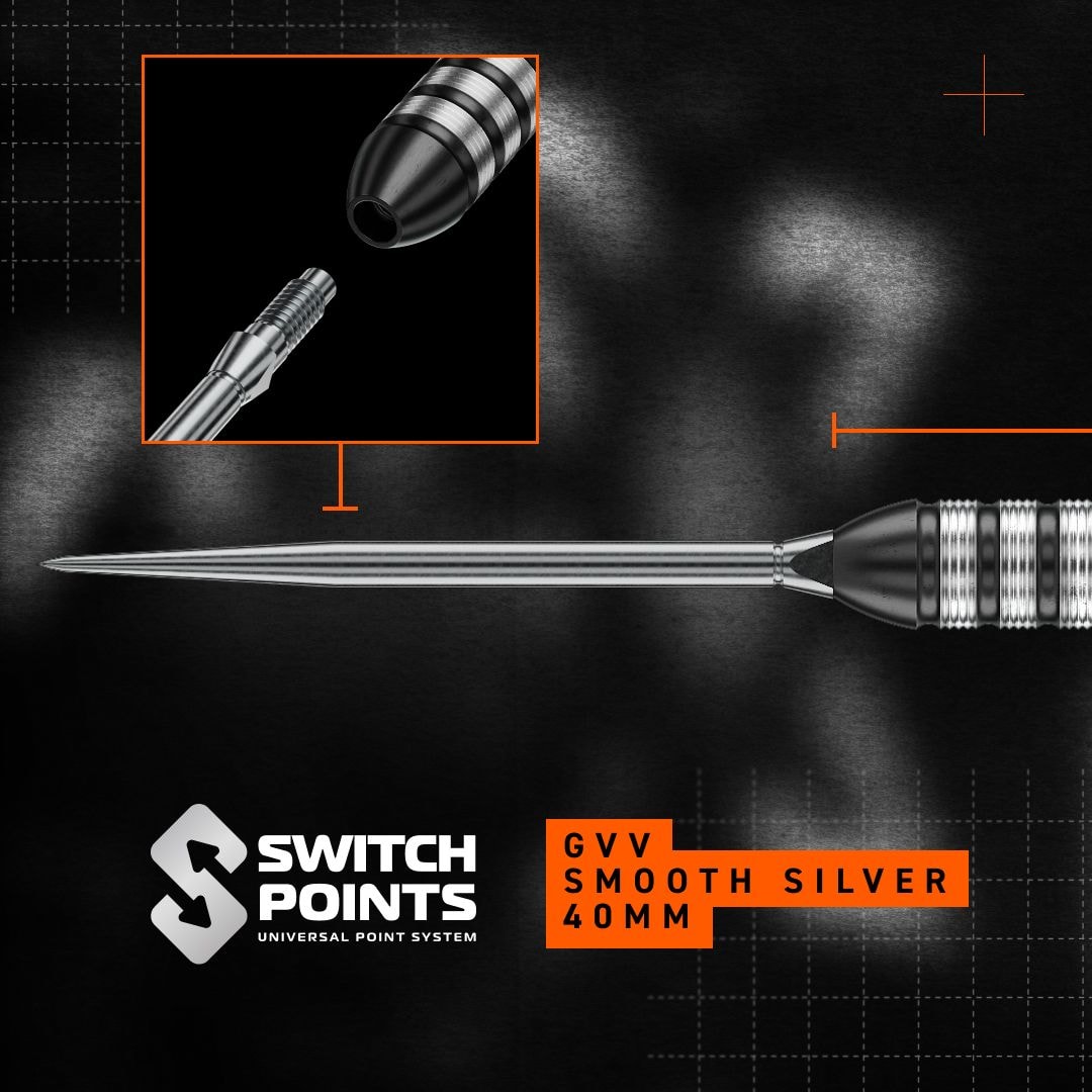 Dardos de acero Winmau Gian Van Veen TS Switch Point Zu sehen ist Winmau Gian Van Veen TS Switch Point Steeldarts. Die Darts liegen nebeneinander auf einer hellen Fläche.