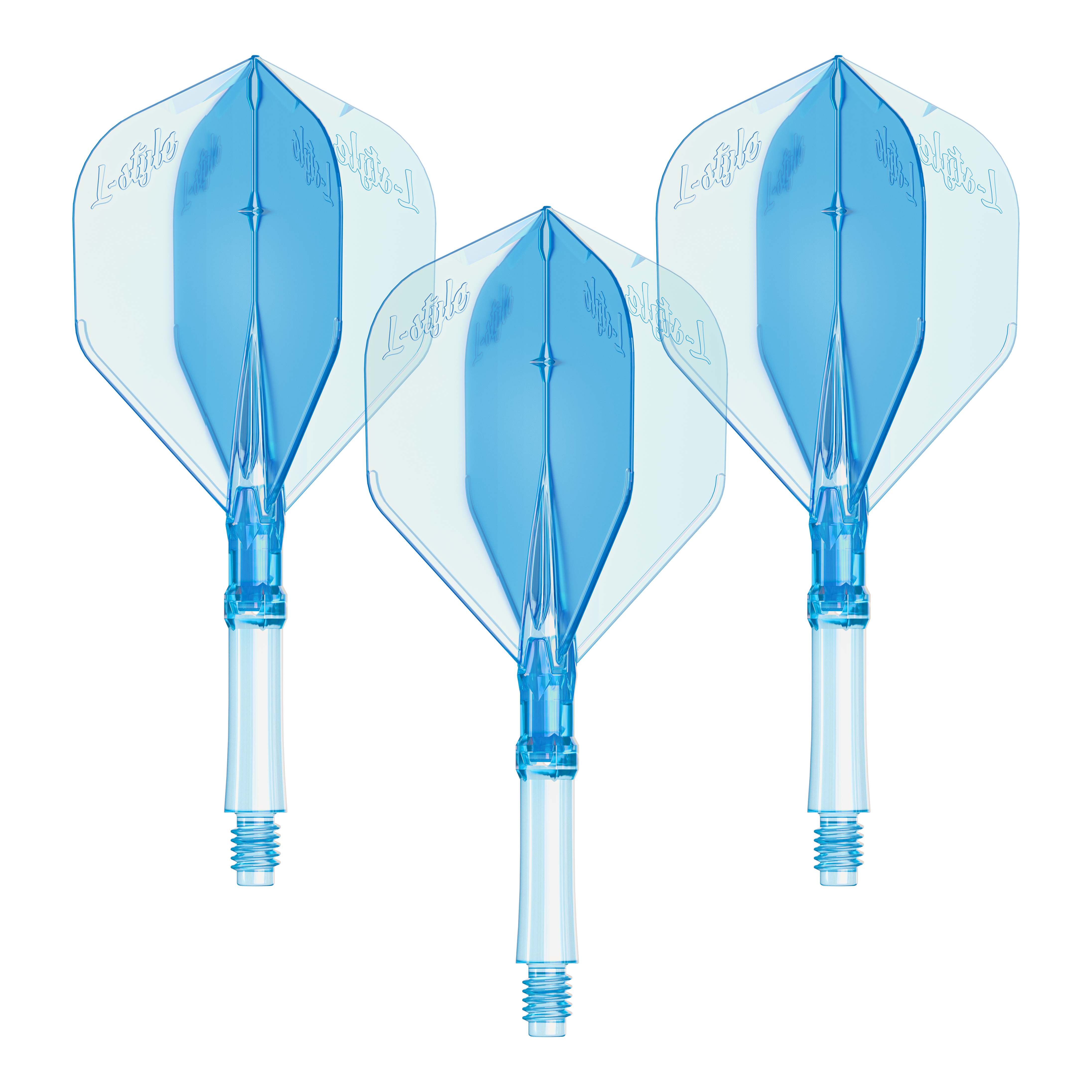 Vuelos L-Style L-System - Azul claro Das Bild zeigt ein Set L-Style L-System Flights in klarblau, mittlere Größe 260. Es handelt sich um Zubehör für Dartpfeile.