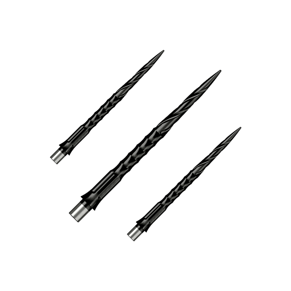 Gezeigt wird ein Set von Steeldartspitzen Caliburn Evo System Spiro NoLip Black, 36mm. Die Spitzen sind für Steeldarts geeignet und schwarz gefärbt.