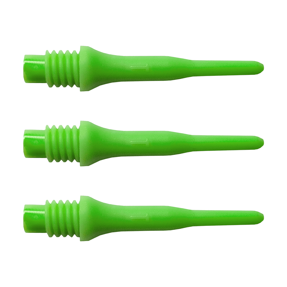 Das Bild zeigt drei grüne Spitzen für Soft-Darts. Diese Spitzen gehören zum Produkt "Bulls Tefo X Spitzen (100er Pack)".