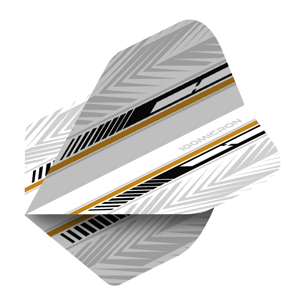Vuelos de pentatlón blanco/negro/dorado Das Bild zeigt ein Dartflight mit einem modernen Design in Weiß, Schwarz und Gold. Die Oberfläche ist mit geometrischen Mustern und Streifen verziert.