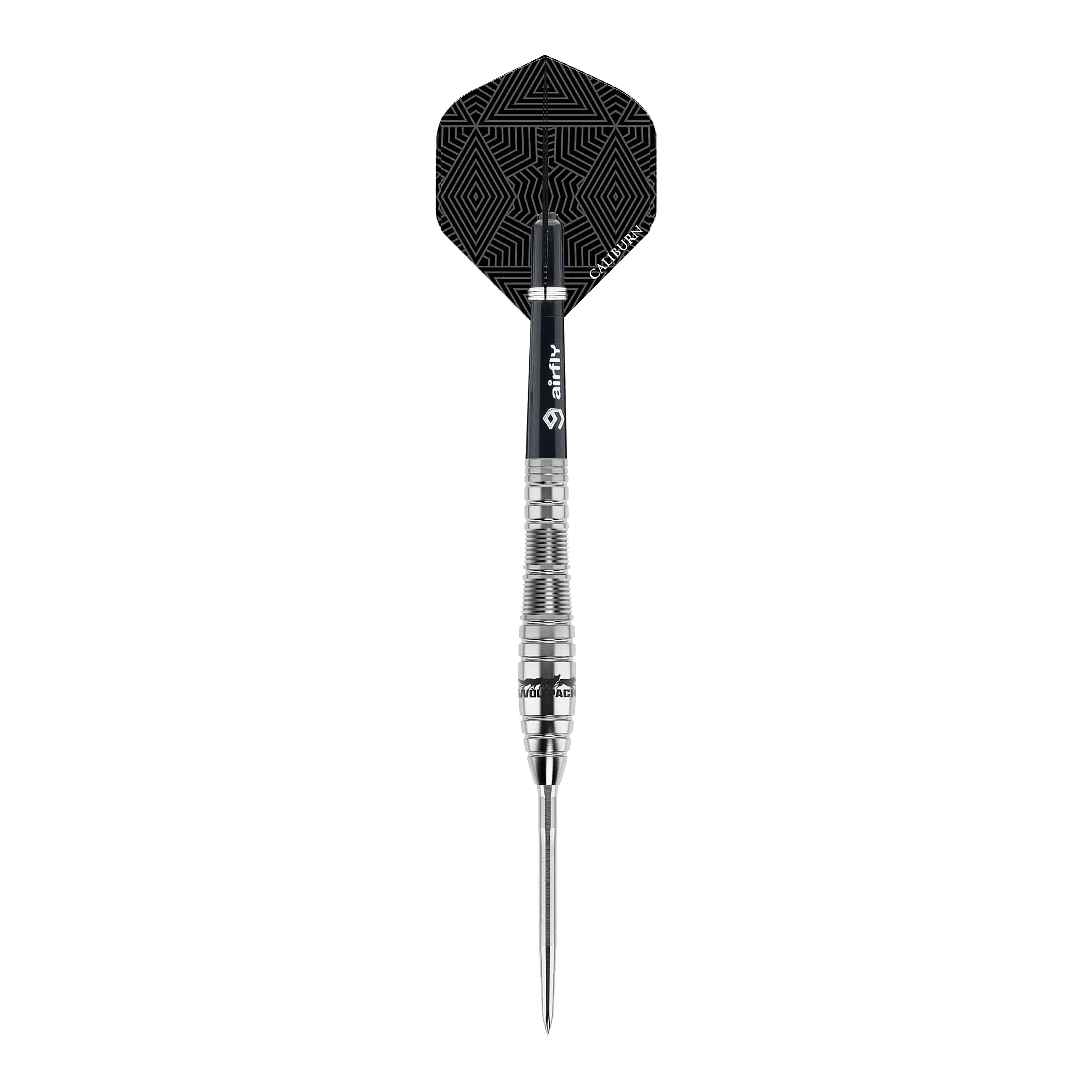 Dardos de acero Caliburn Wolfpack W2 - 22 g Dies ist ein Steeldart des Produkts "Caliburn Wolfpack W2" mit einem Gewicht von 22g. Der Dart hat ein silbernes Barrel und einen schwarzen Flight mit geometrischem Muster.