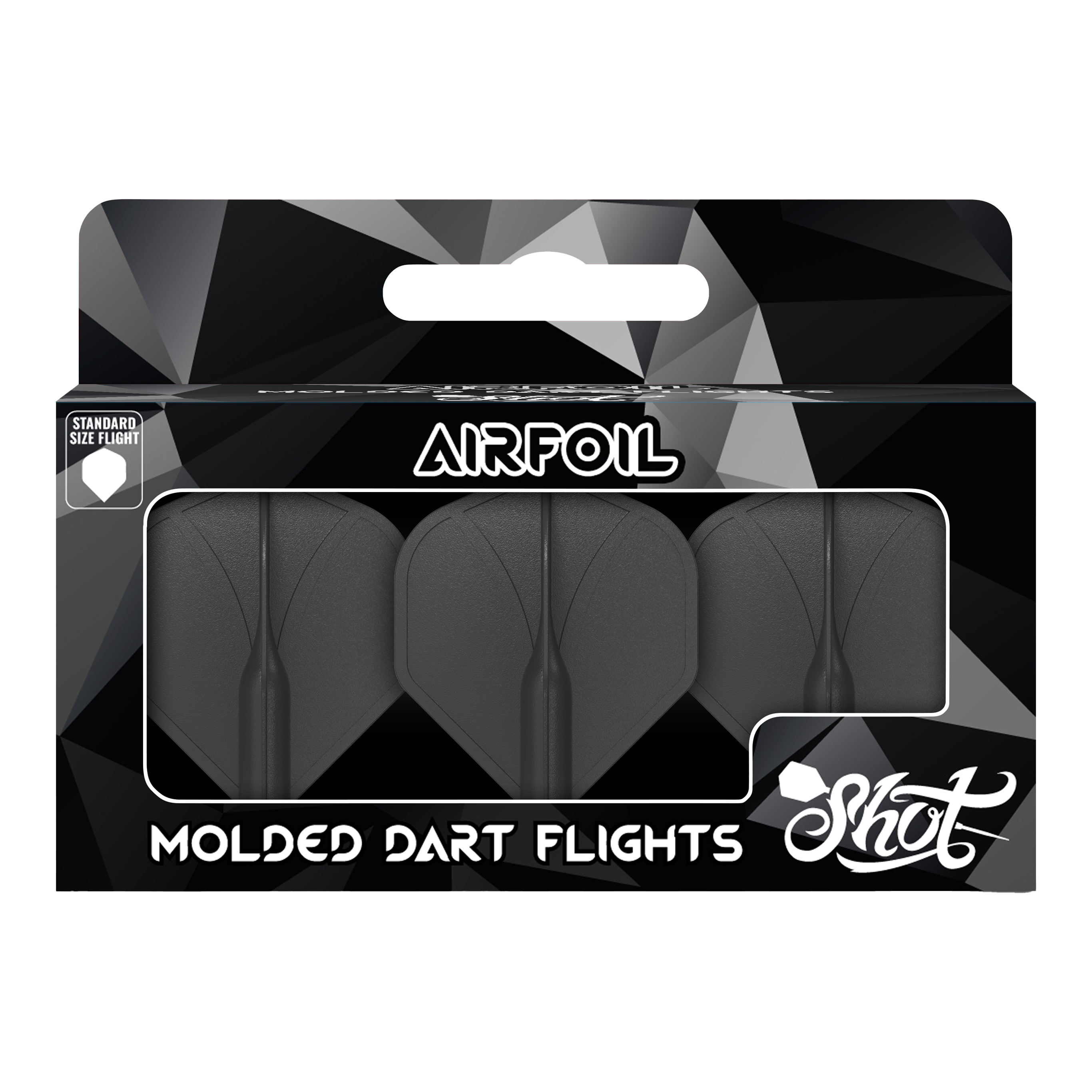 Auf dem Bild ist eine Packung mit drei schwarzen, geformten Dartflights zu sehen. Die Verpackung trägt die Aufschrift „Airfoil“ und „Molded Dart Flights“ der Marke Shot.